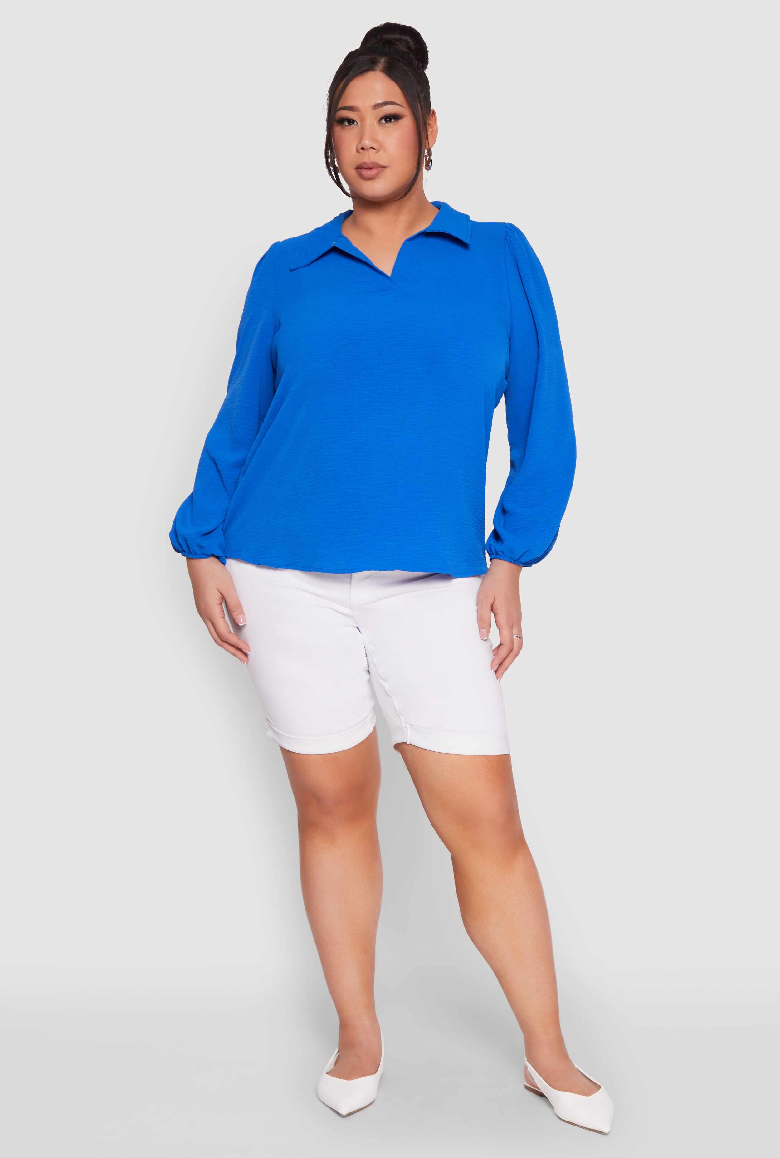 Plus Size Airy Johnny Collar Long Sleeve Top