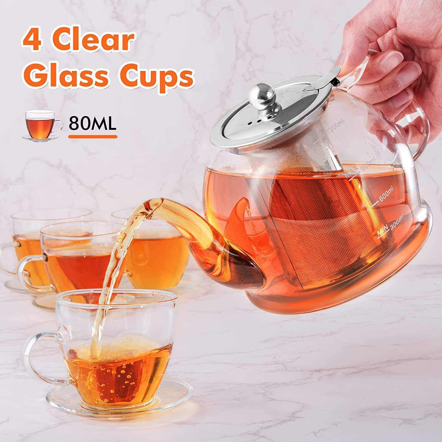 MINO ANT Tea Set ̈C 1200ml Glass Teapot with Removable Stainless Steel Infuser, and 4 Glass Teacups, Stovetop Safe Tea Kettle Gift Set, Blooming and Loose Leaf Tea Maker Set