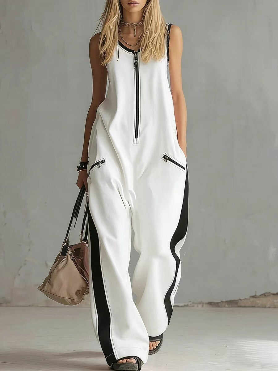 Women's Contrast Color Sleeveless Jumpsuit - Sporty Wide Leg with Zipper Detail (S-2XL)