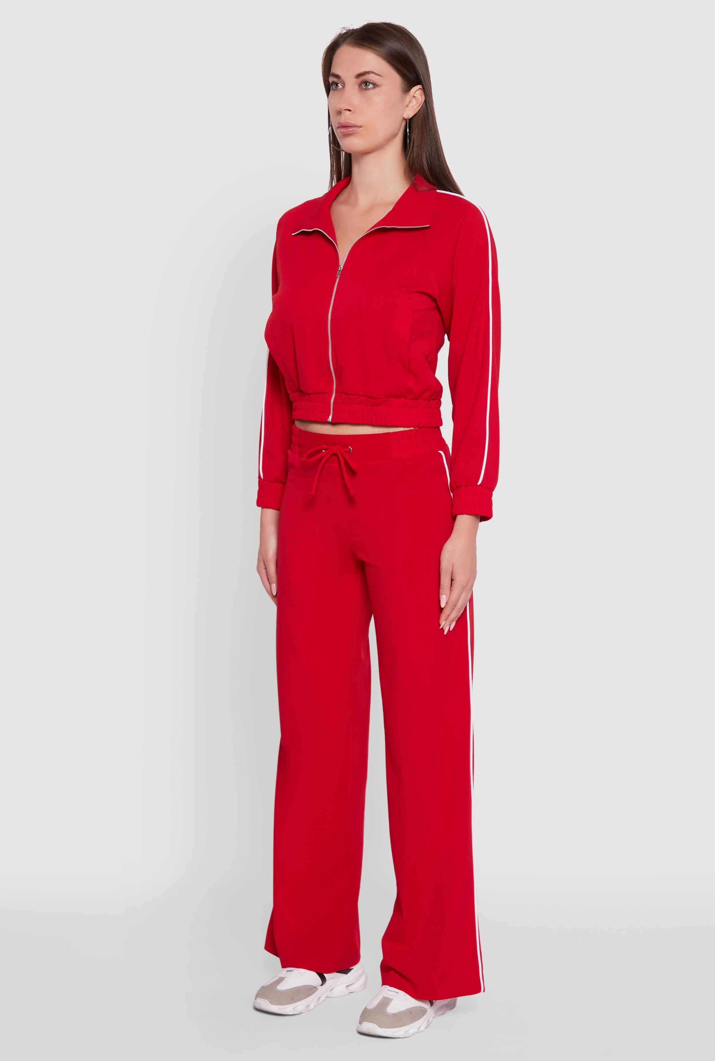 Crepe Knit Zip Front Jacket with Contrast Piping