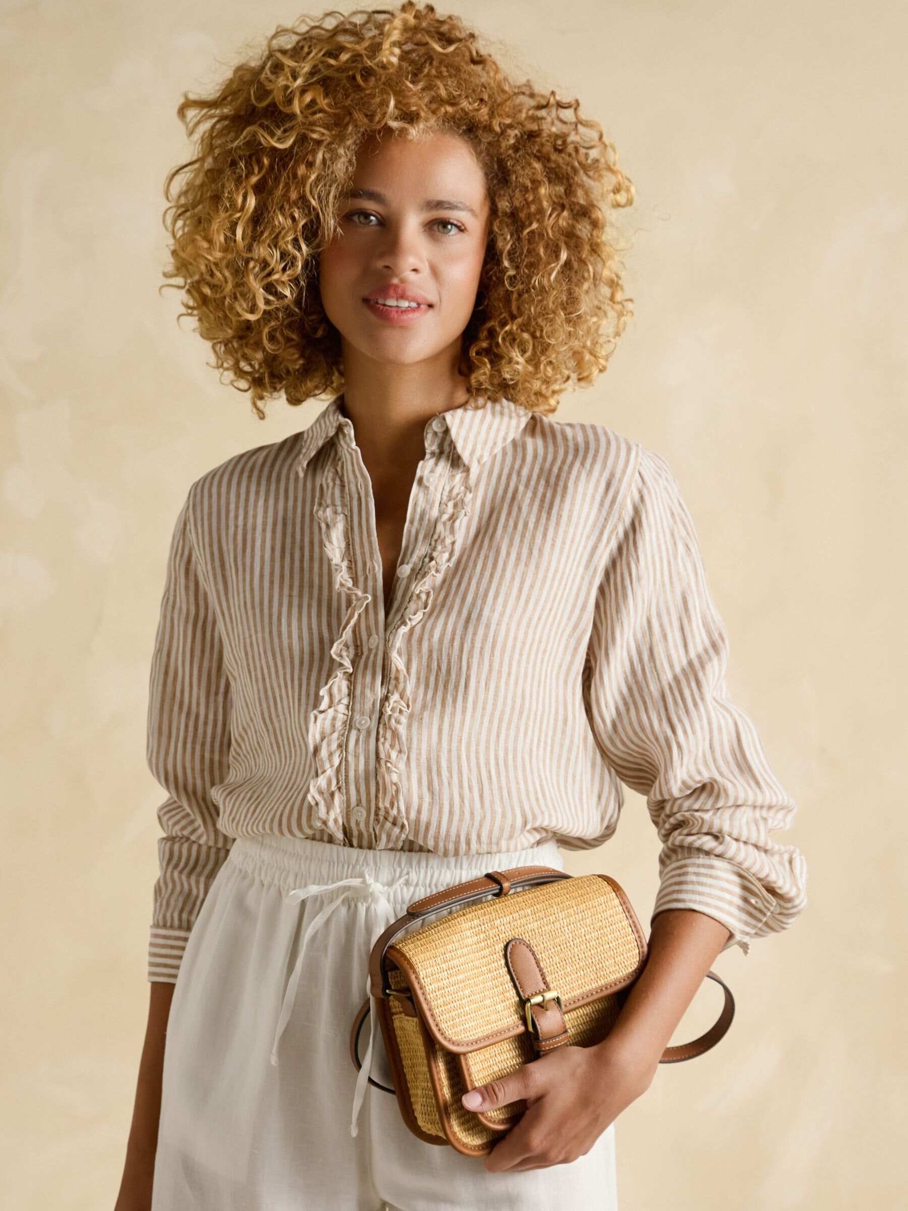 Selene Light Brown Stripe 100% Linen Shirt