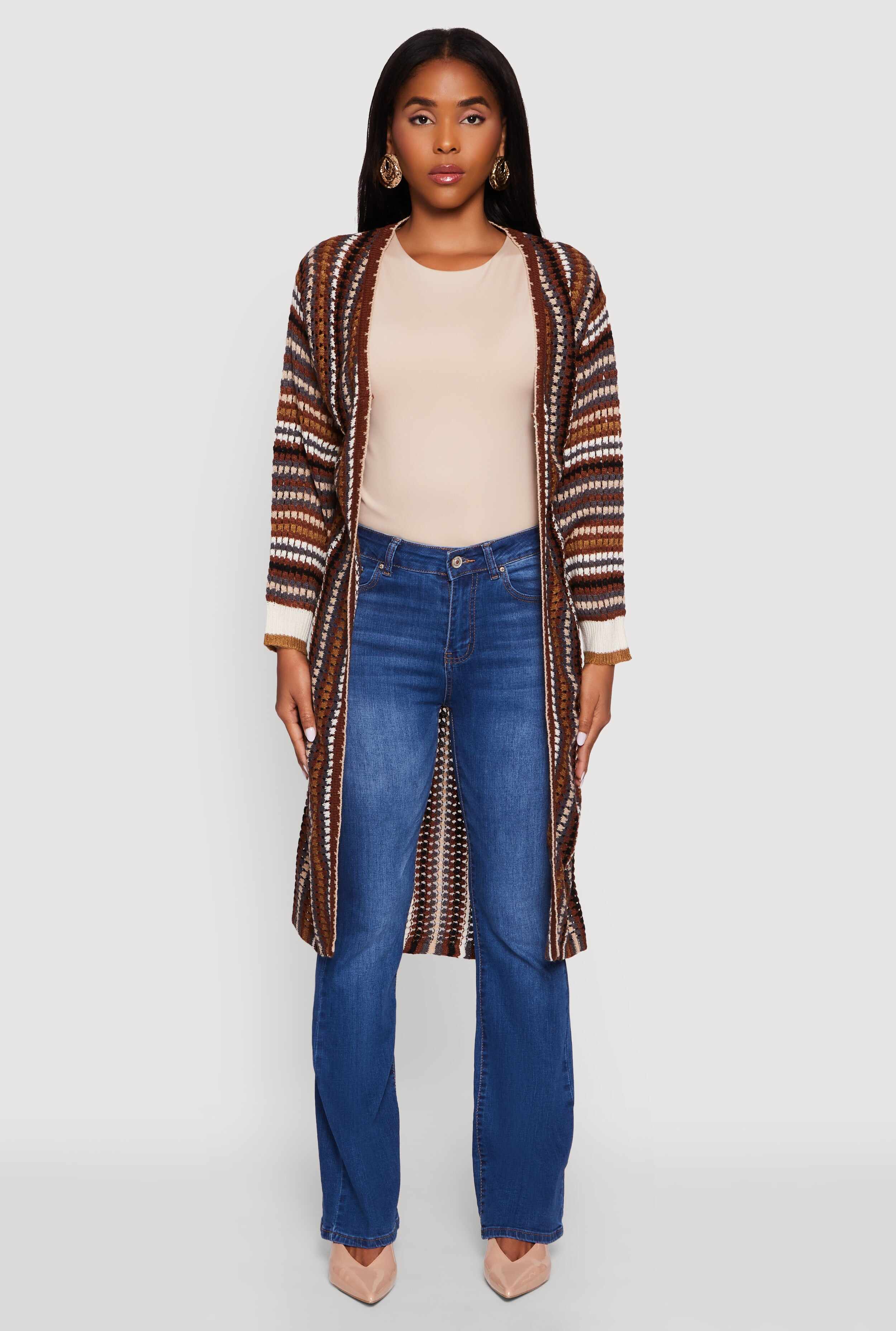 Striped Crochet Open Front Long Cardigan