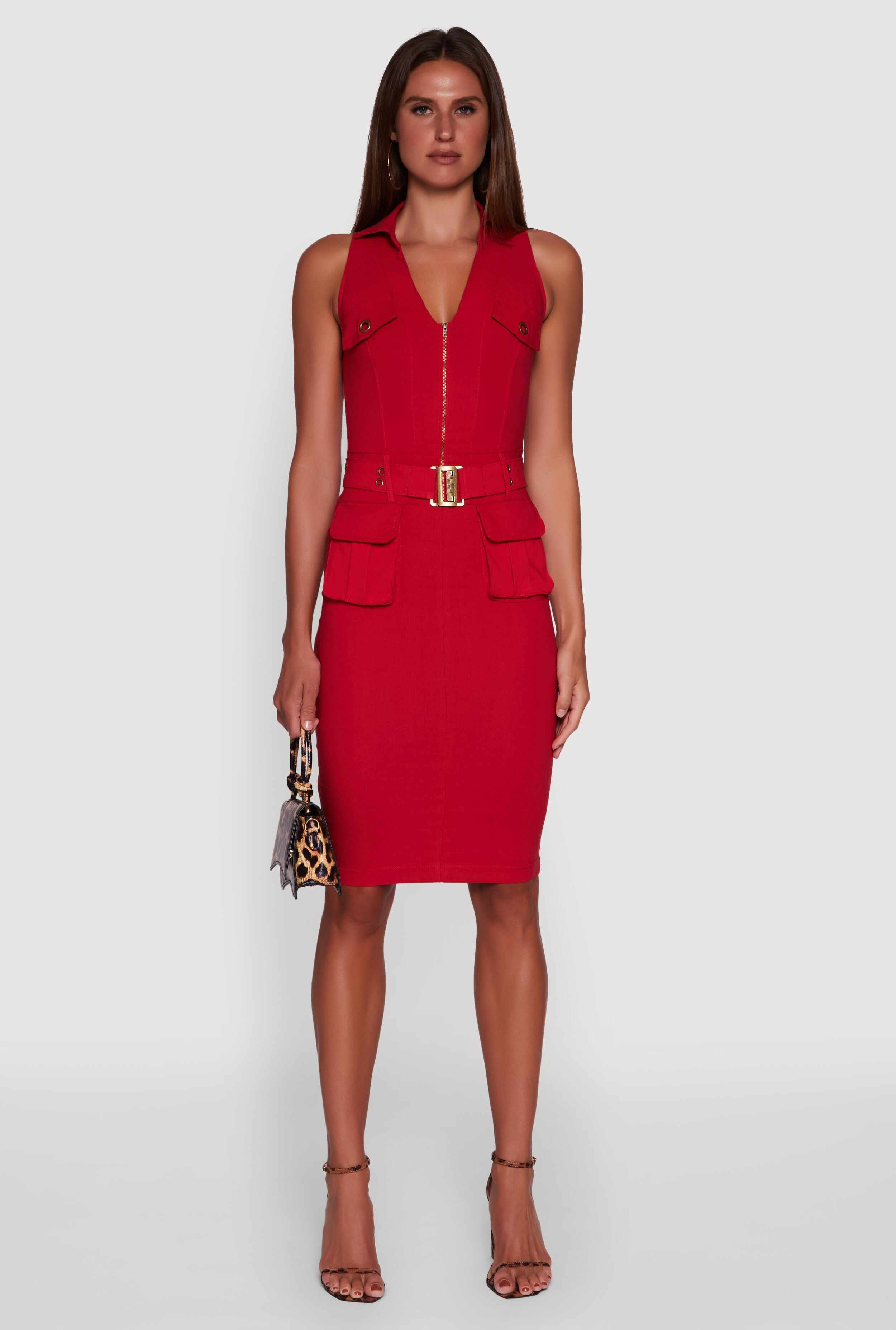 Zip Front Belted Cargo Dress