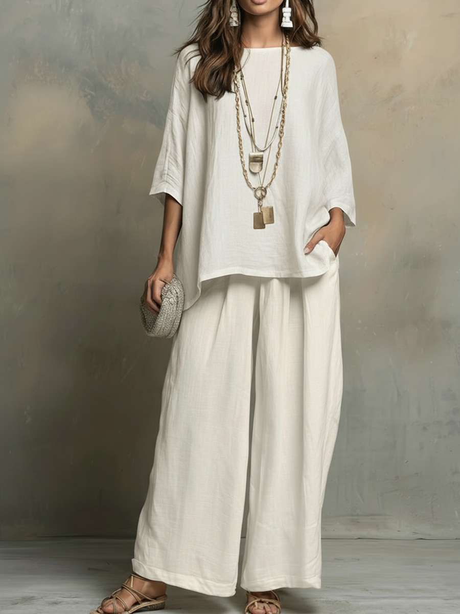 🔥Summer Arrivals🌟Cozy Cotton-linen Irregular Top And Wide-leg Pants Two-piece Set