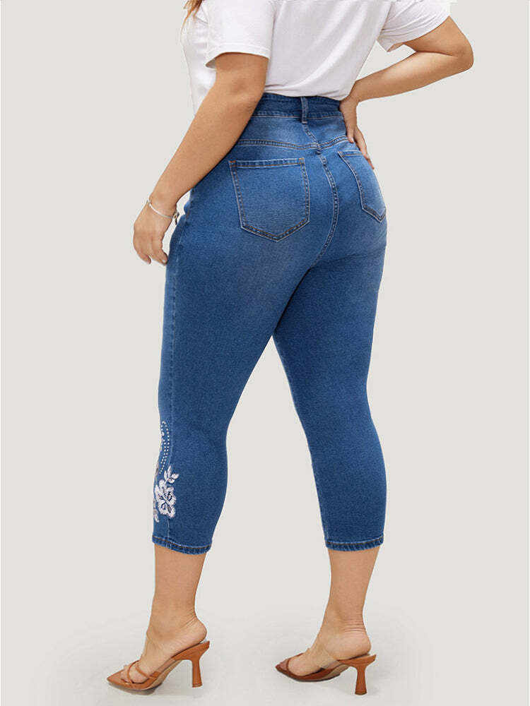 Very Stretchy High Rise Medium Wash Embroidered Cropped Jeans