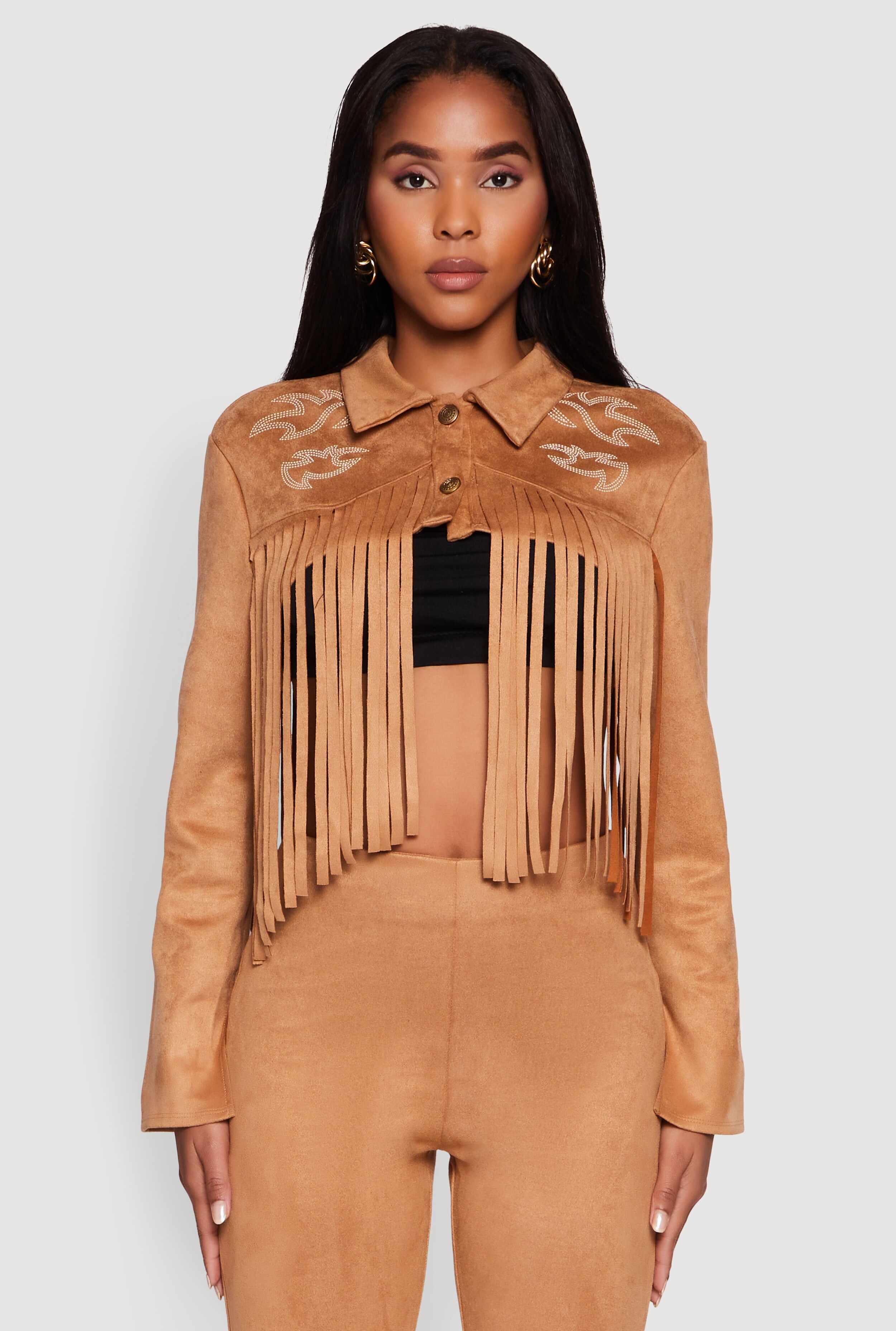 Trendy Faux Suede Fringe Cropped Jacket