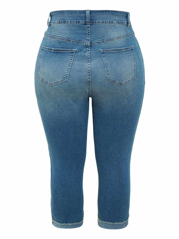 Very Stretchy High Rise Medium Wash Roll Hem Cropped Jeans