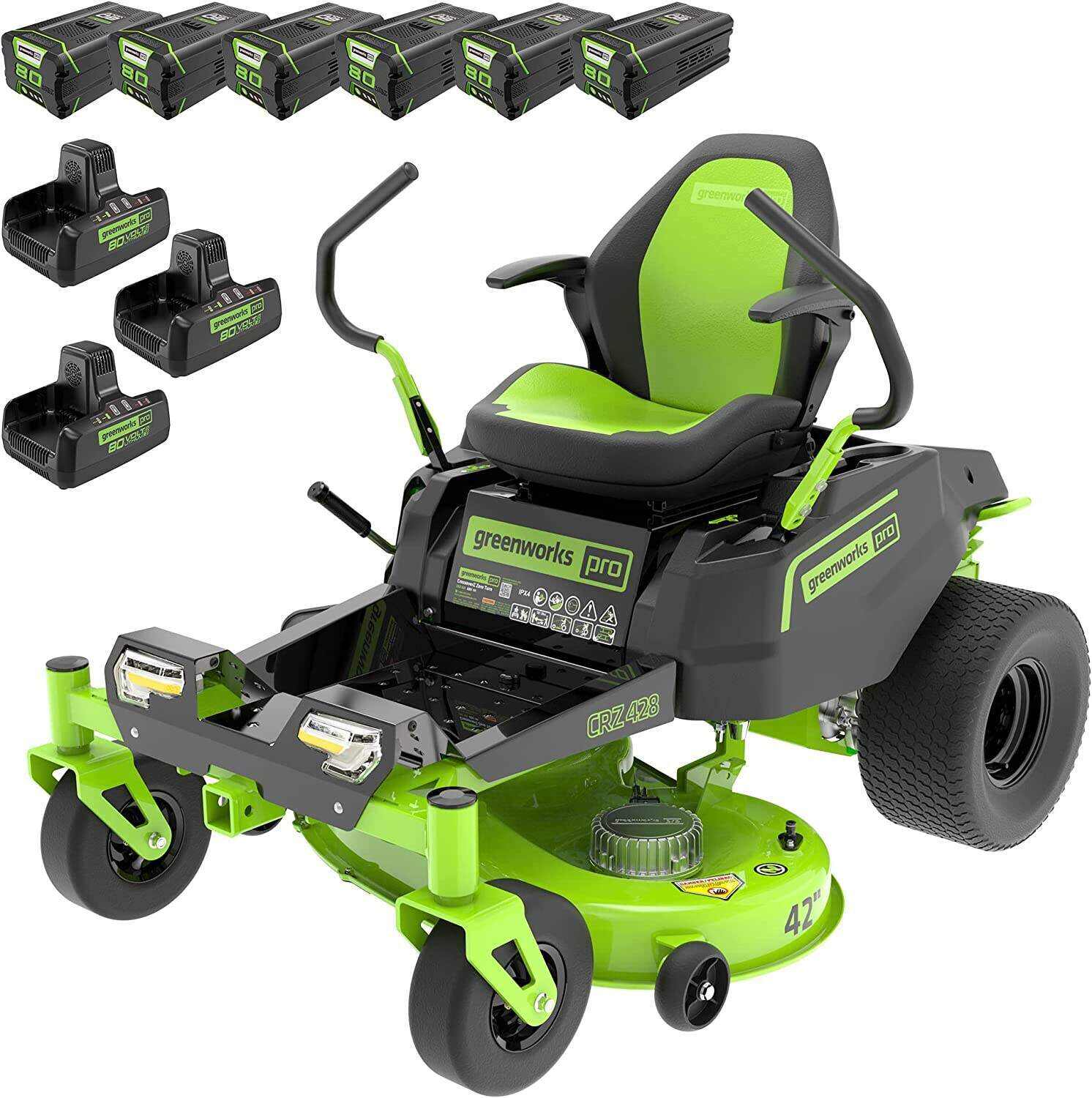Greenworks PRO 80V 42” Riding Lawn Mower, CROSSOVERZ Zero Turn Lawn Mower, Including 5.0Ah Batteries(6 Packs) and Dual Port Turbo Chargers(3 Pcs)