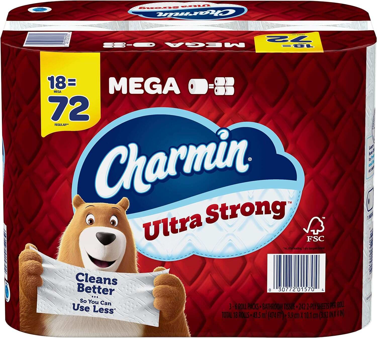 Charmin Ultra Strong Clean Touch Toilet Paper, 18 Family Mega Rolls = 90 Regular Rolls
