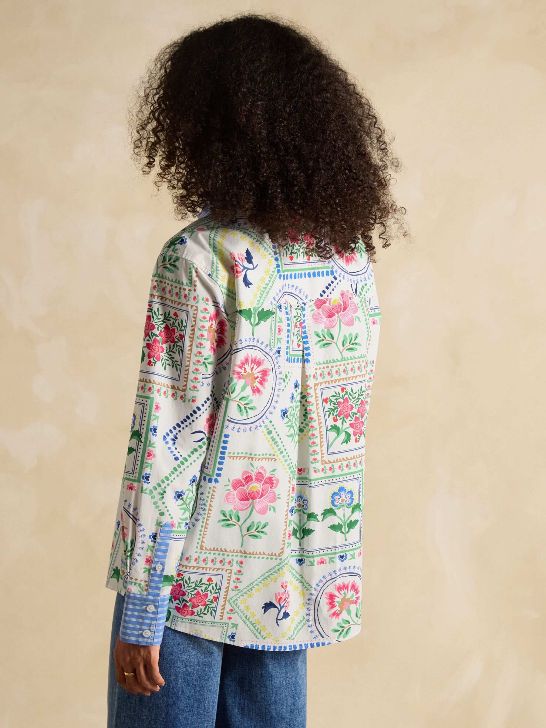 Amilla Cream Tile Print Longline Relaxed Fit Shirt