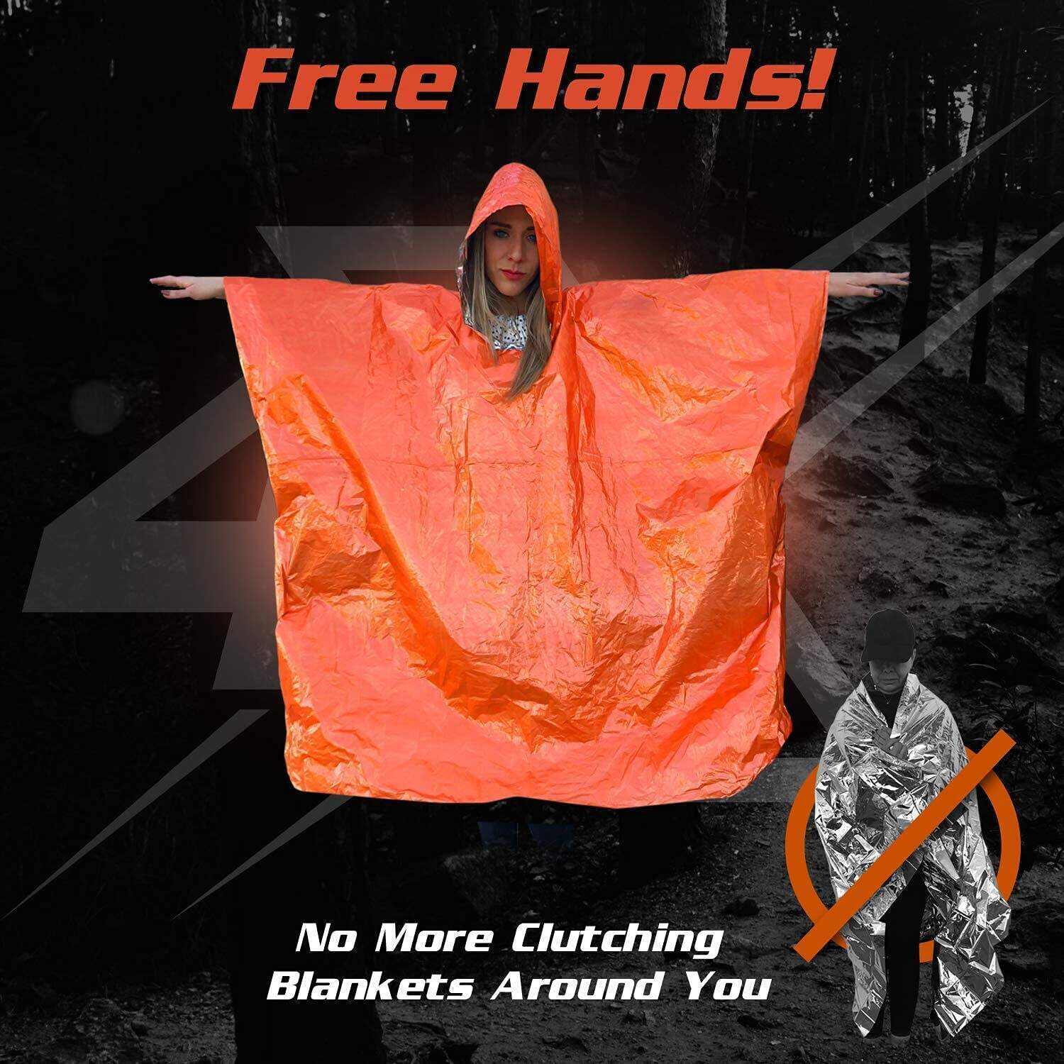 PREPARED4X Emergency Rain Poncho with Mylar Blanket Liner - Survival Blankets for Car - Heavy Duty, Waterproof Camping Gear, Tactical Prepper Supplies
