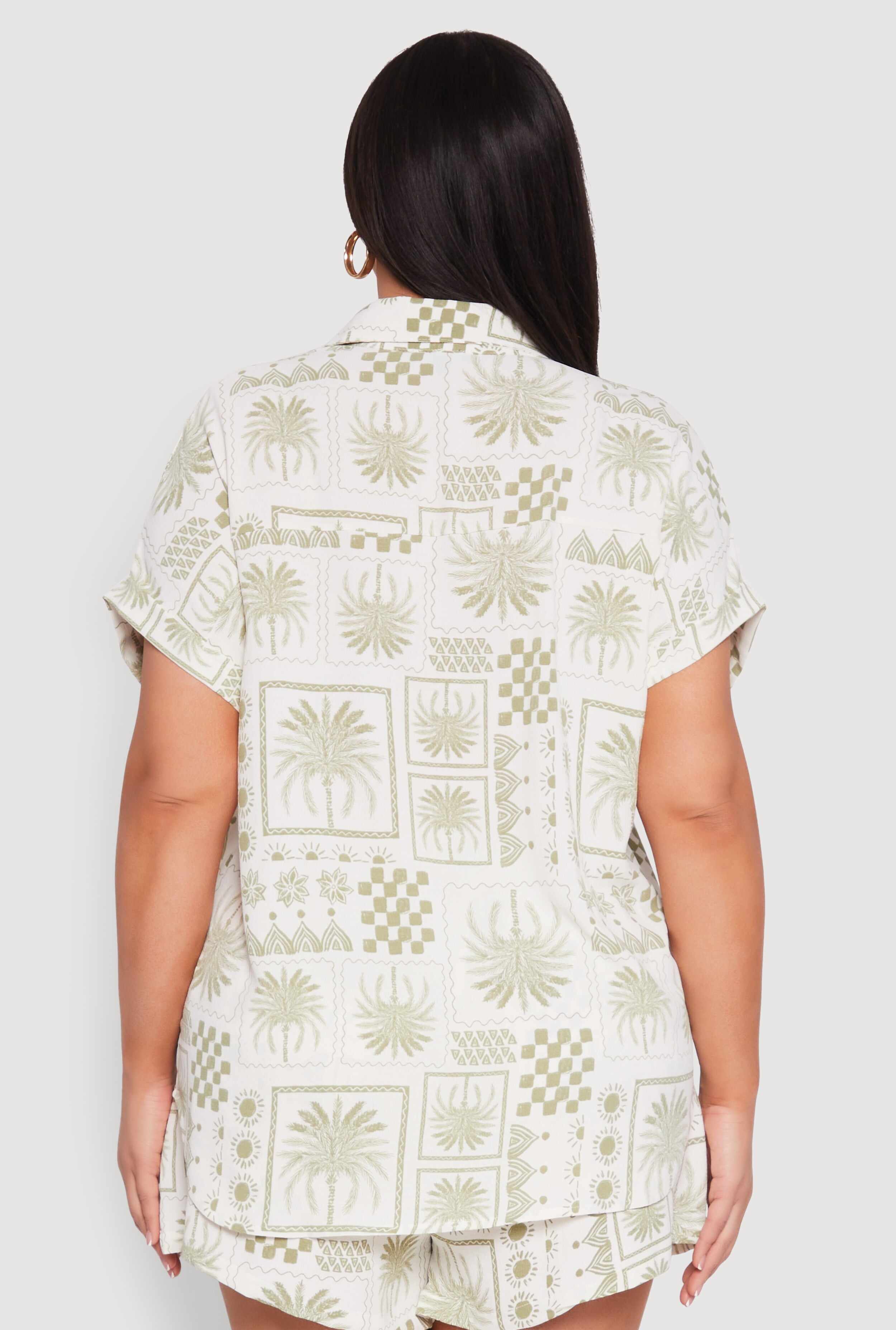 Plus Size Checkered Palm Print Shirt