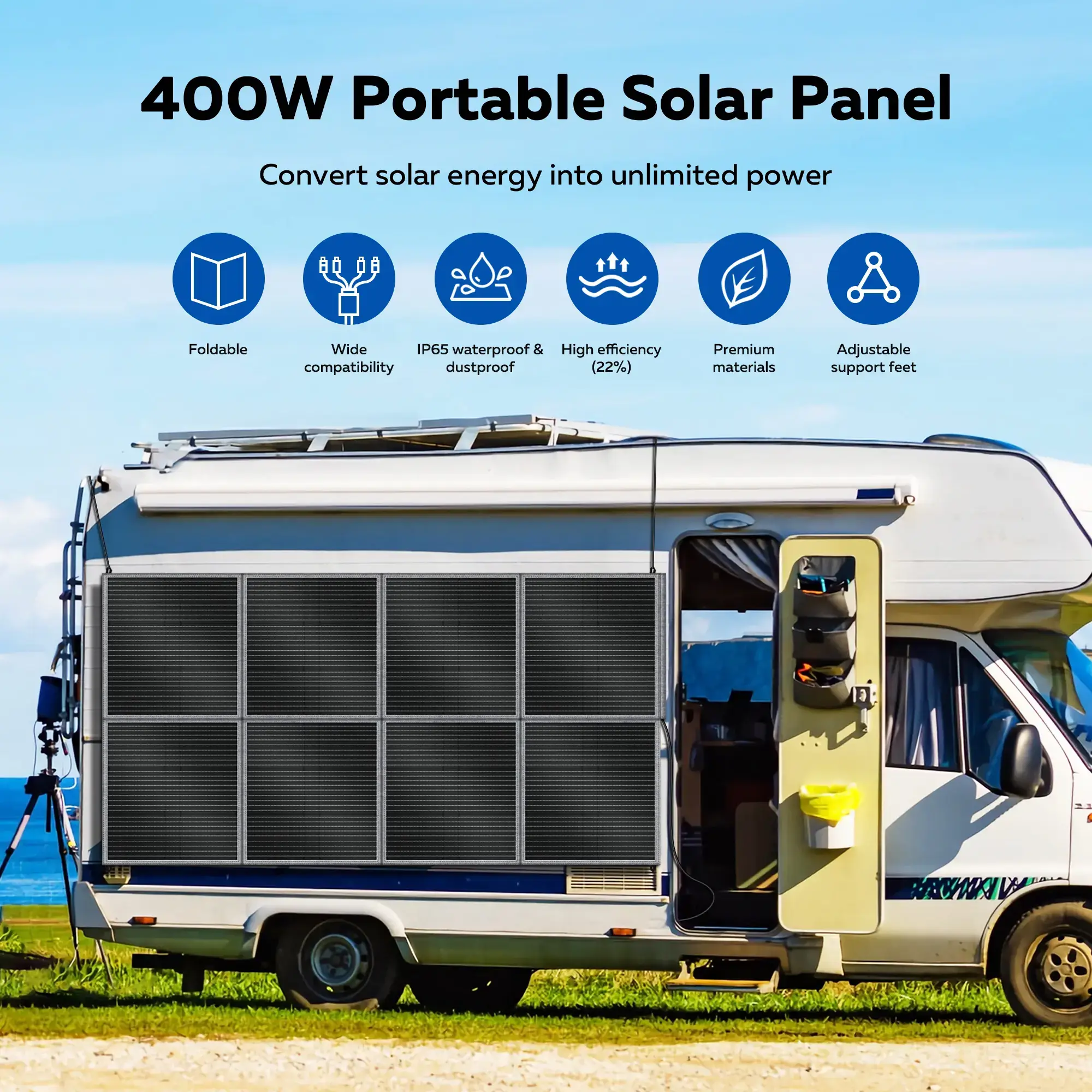 [Camping Essentials 2026/Camping Gear] CTOLITY SP400 400W Foldable Solar Panel 41V 10A for Outdoor Camping RV Power Station with 8F Bracket & 22% High Efficiency Charge power station fast Free Energy