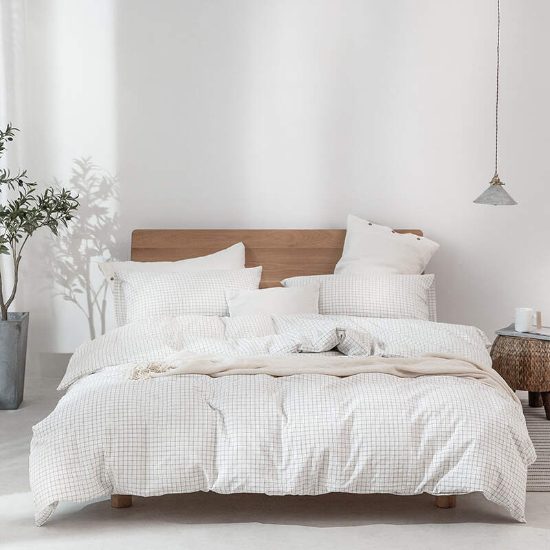 Washed Cotton Bed Sheet Set - White Square