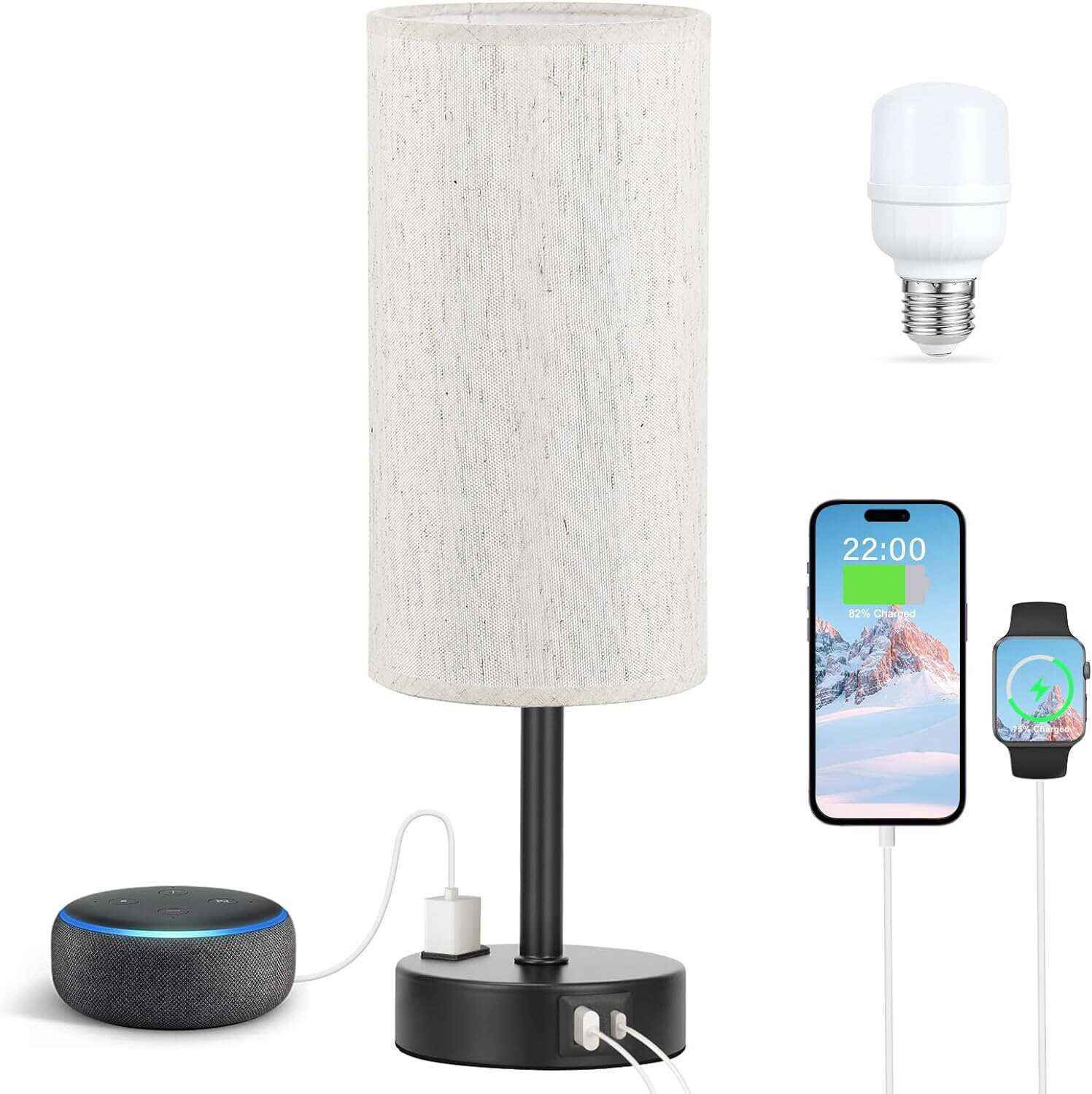 Bedside Table Lamp for Bedroom - 3 Way Dimmable Touch Lamp USB C Charging Ports and AC Outlet, Small Lamp Wood Base Round Flaxen Fabric Shade for Living Room, Desk, LED Bulb Included