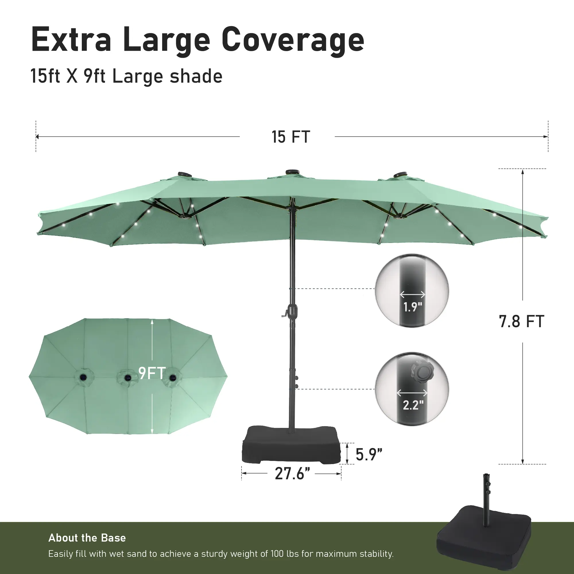 15ft Large Outdoor Patio Umbrella with Base – LED Light Option, Double-Sided, Crank Handle, Waterproof，Comes with Weighted Base and Sandbag, Accommodates 10 People, Great for Poolside, Garden, Lawn, Backyard, Deck and Beach