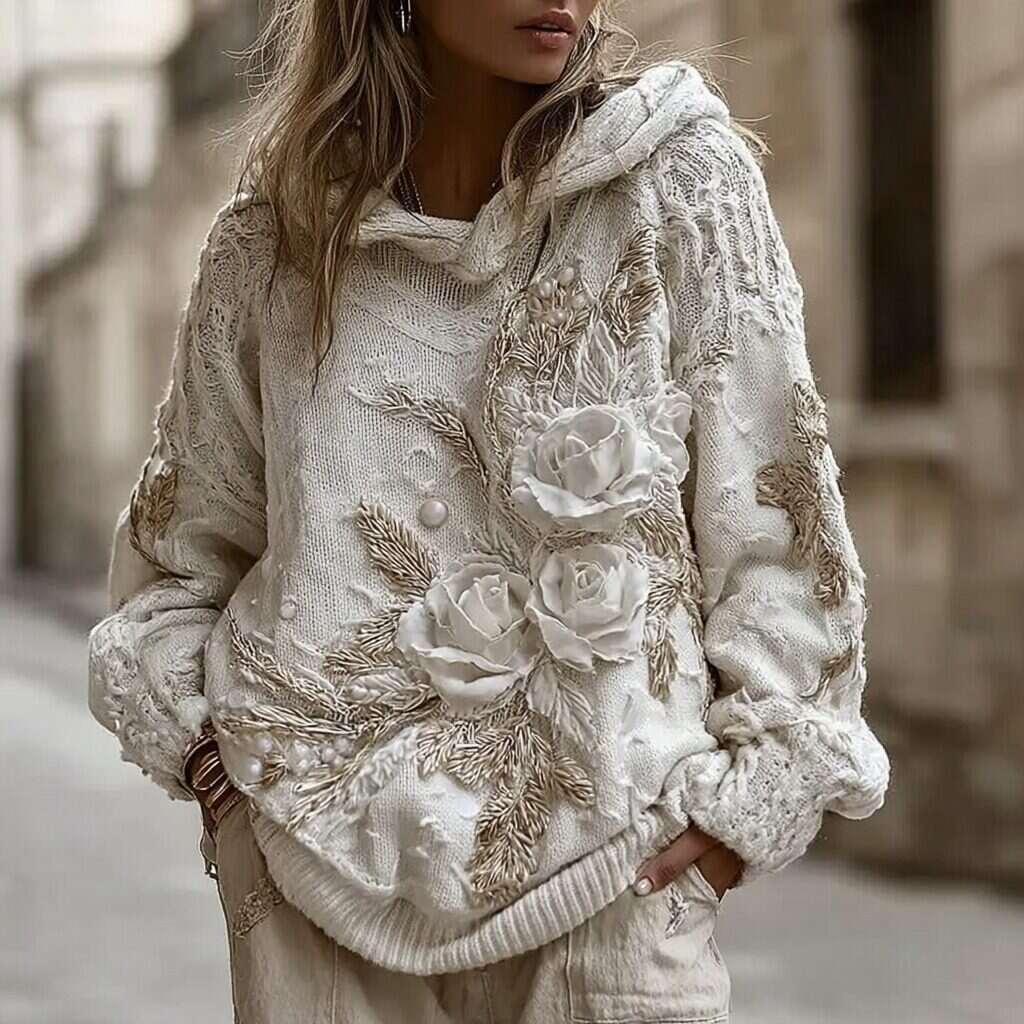 Women's Vintage White Rose Knitted Warm Hooded Sweater