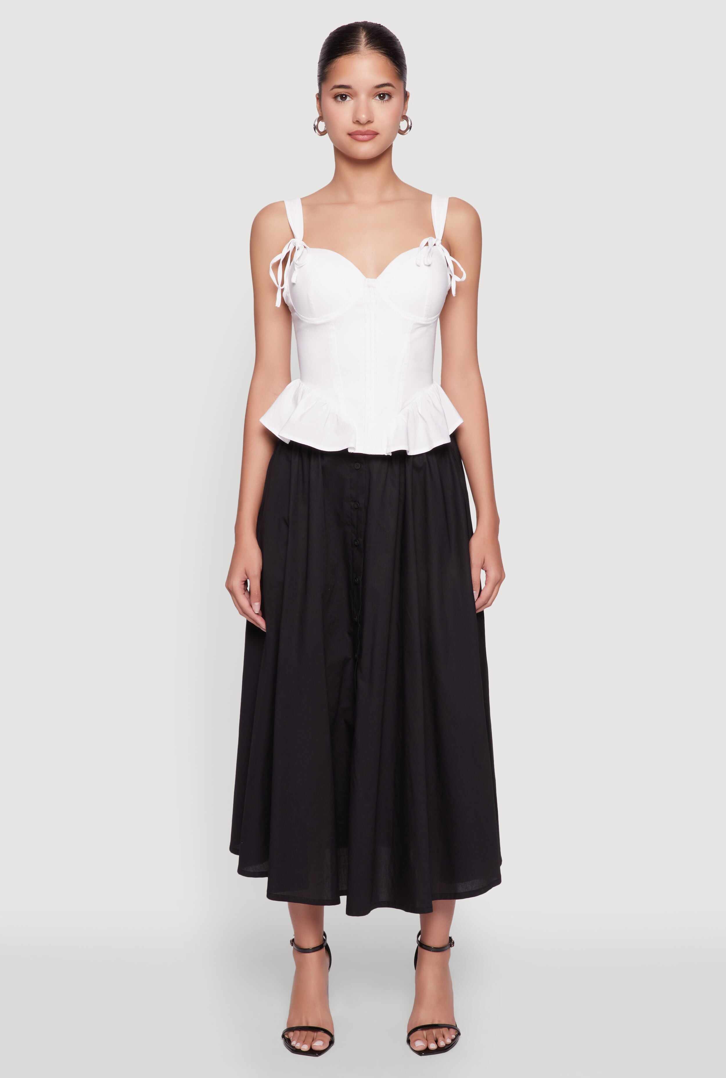 Chic Poplin Button Front Mid Length Skater Skirt