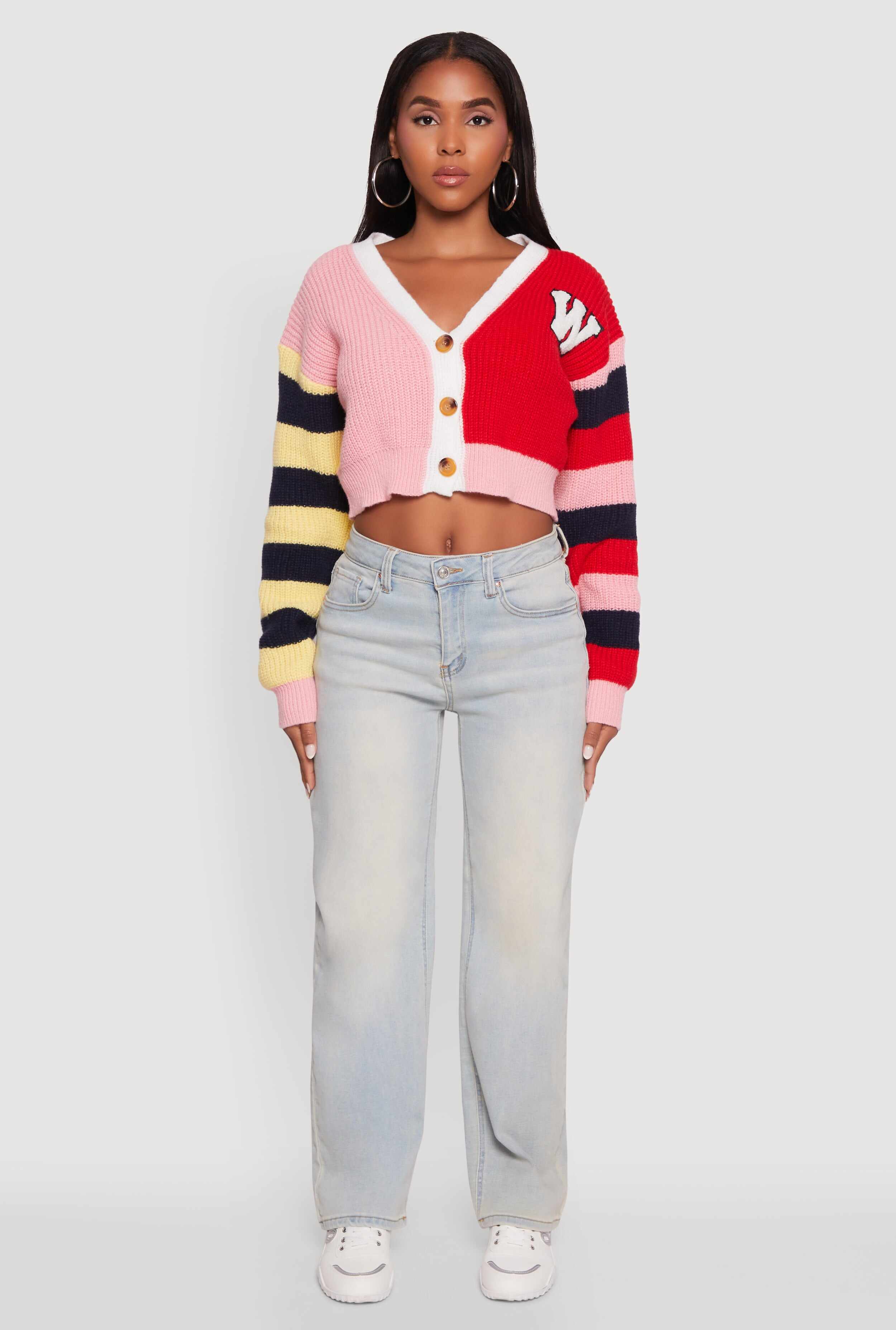 Daisy Color Block Patch Cropped Button Front Cardigan