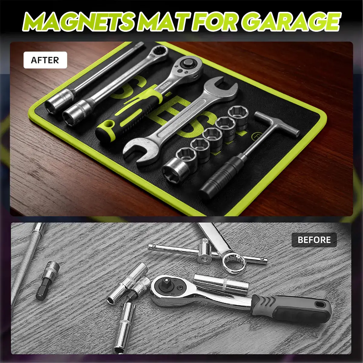3PC Flexible Magnetic Tool Mat & Tray Holder - Magnetic Tool Tray, Flexible Magnetic Mat, PVC & Non-Slip for Garage Workshop, Auto Repair Tools
