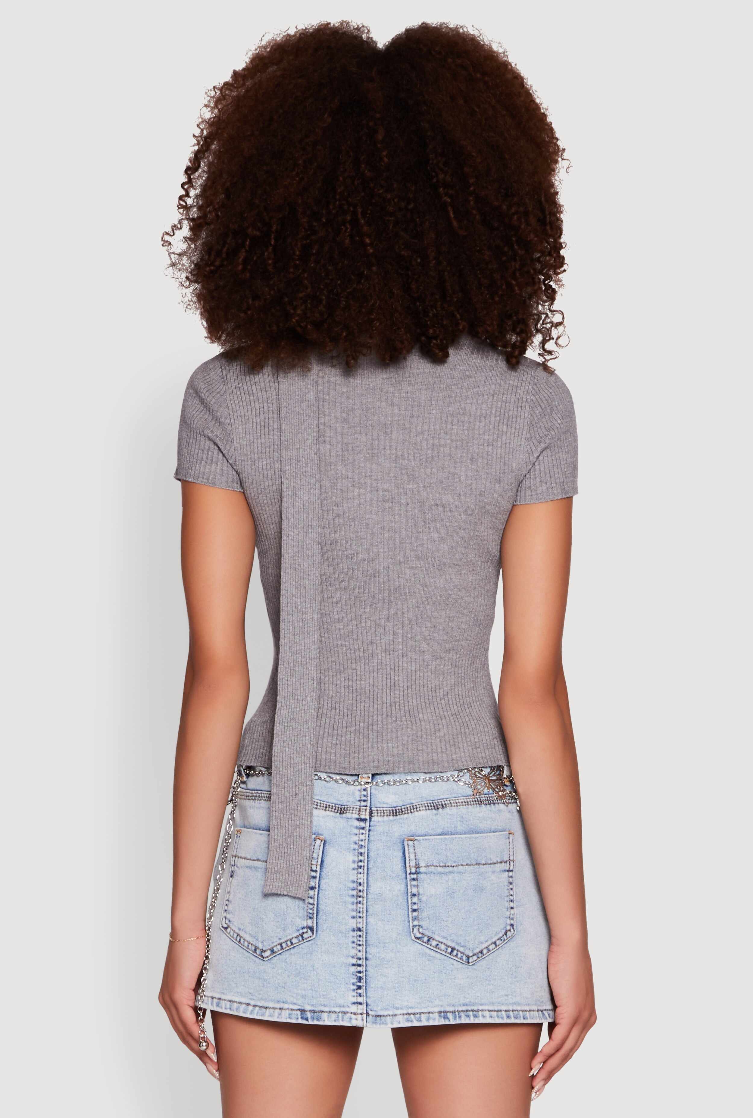 Ribbed Knit Button Front Crop Sweater with Neck Tie