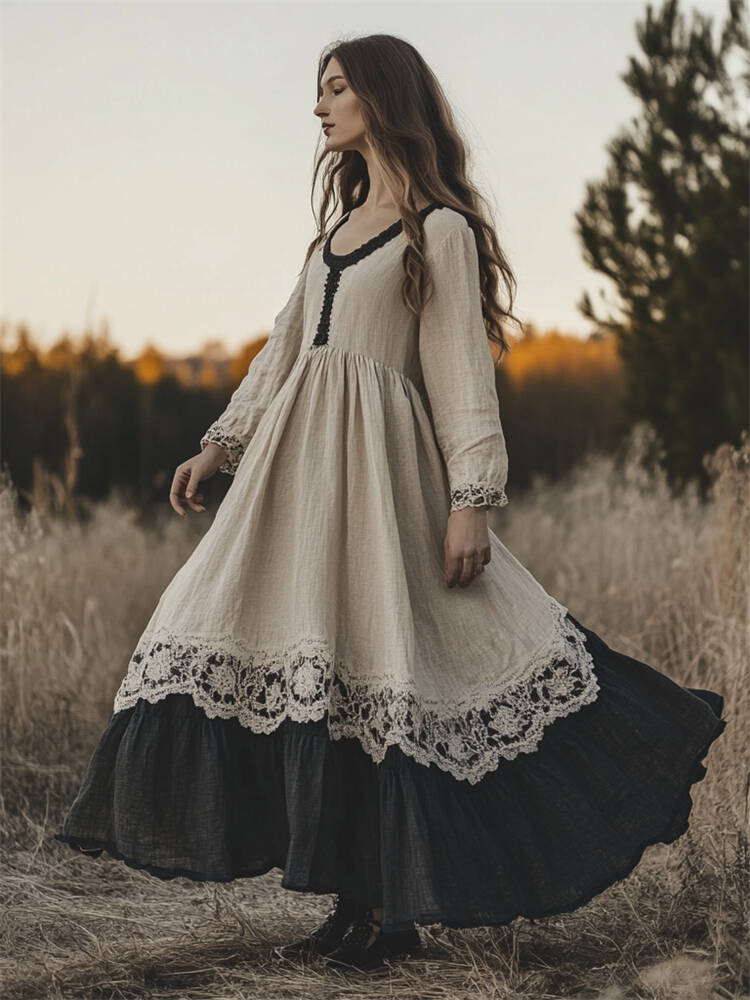 Vintage Lace Hem Contrast Bottom Flowy Linen Dress
