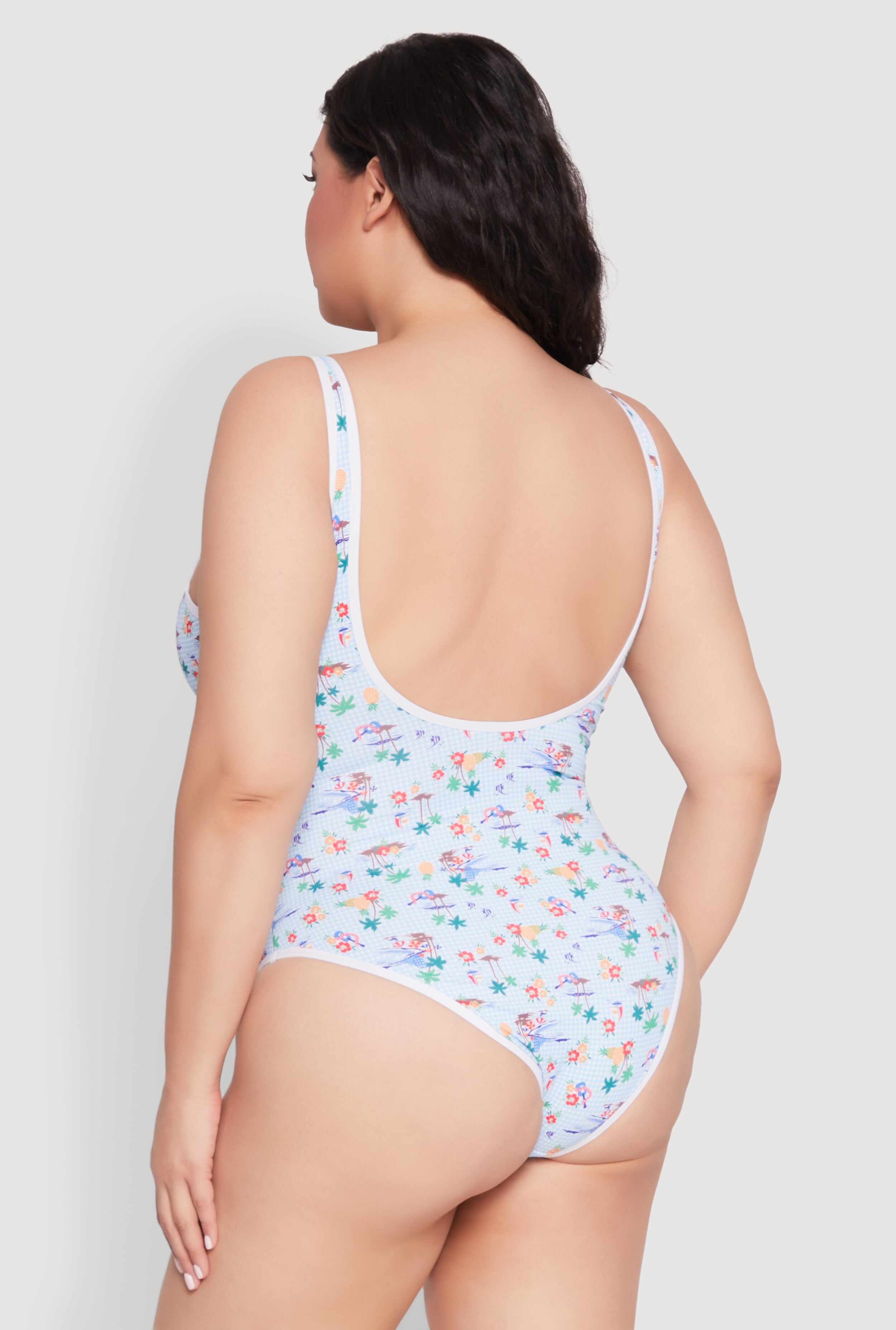 Plus Size Gingham Island Print One Piece Swimsuit