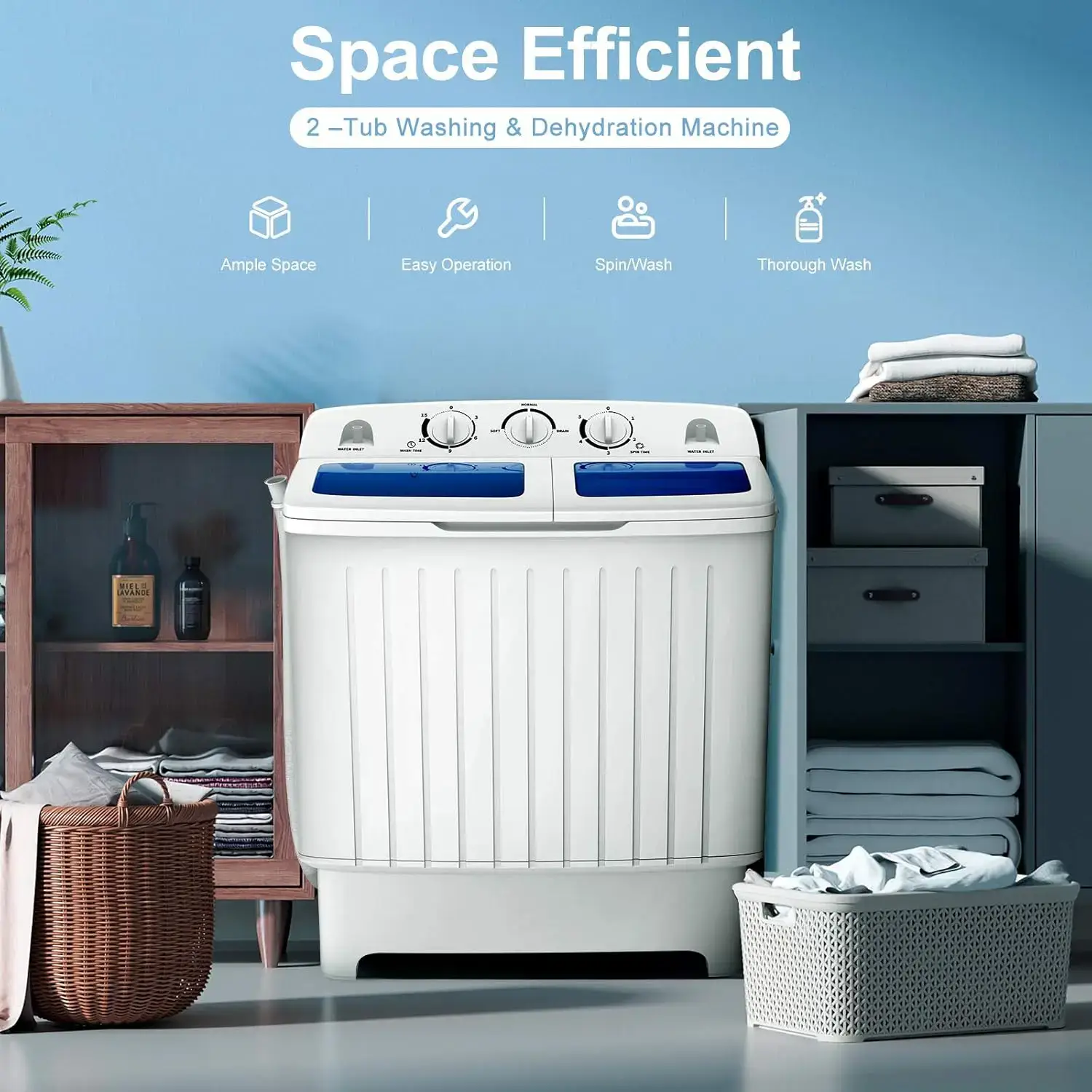 Portable Washing Machine, 13/20/26lbs Mini Twin Tub Washing Machine w/Drain Pump, Semi Automatic Compact Washer & Sipnner, Portable Washer Dryer Combo for Apartments Dorms RV Camping