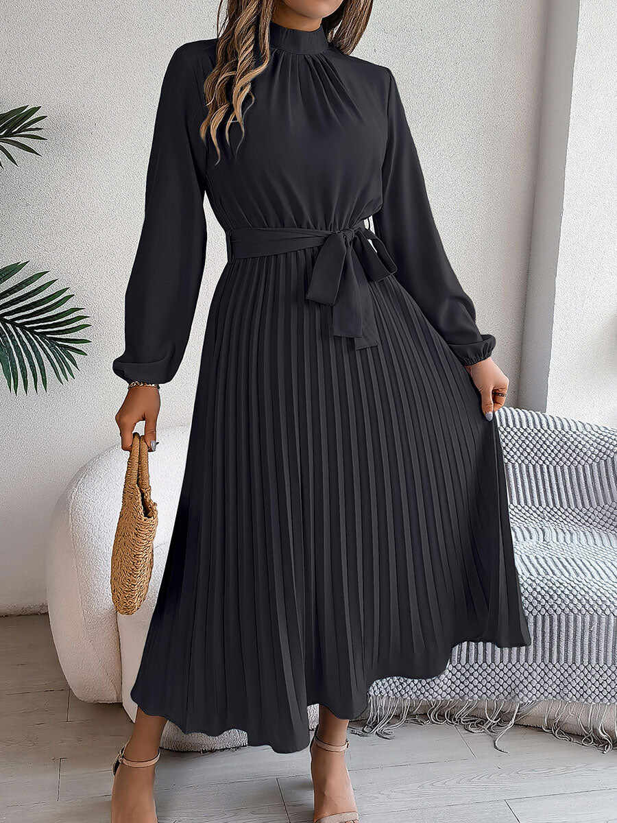 🔥Summer Arrivals🌟Women's Stand-up Collar Long-sleeved Lace Up Pleated Dress