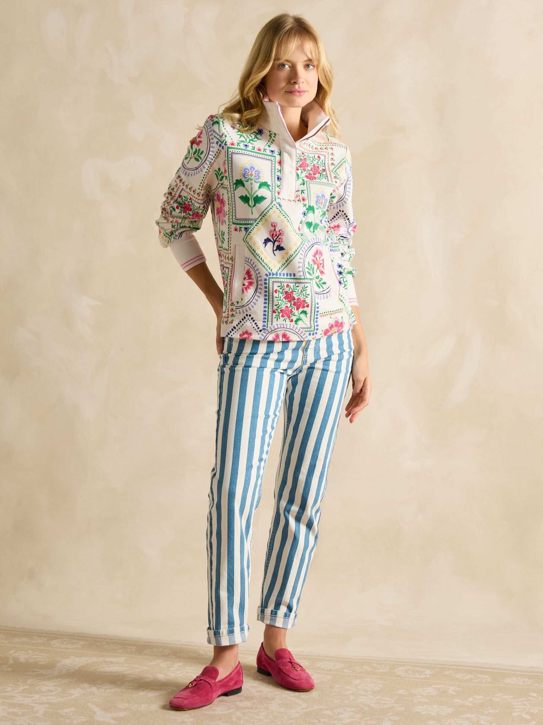 Burnham Cream Tile Print Cotton Funnel Neck Quarter Zip Sweatshirt