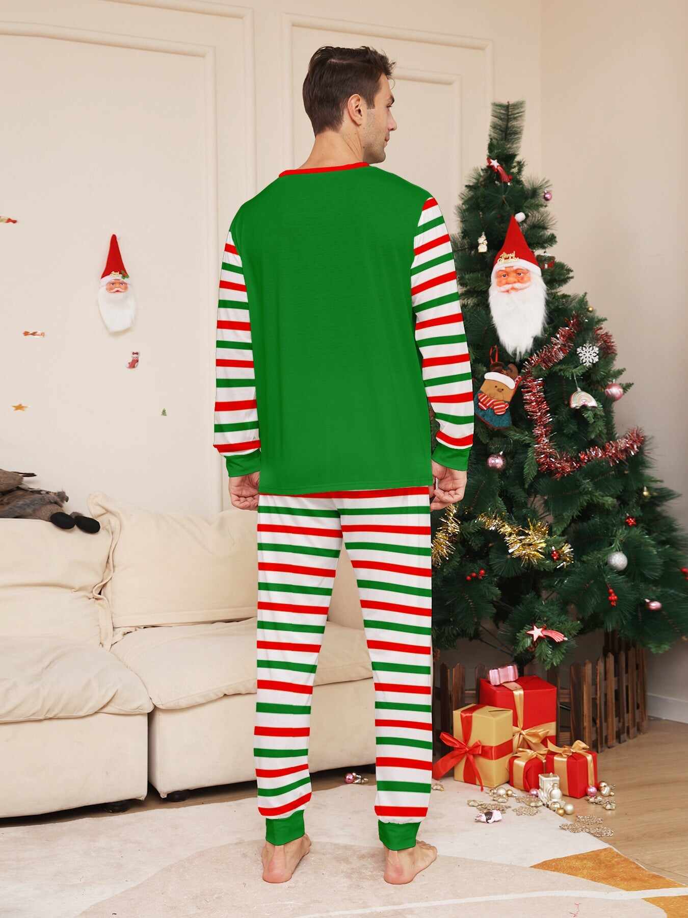 2024 3D Print Christmas Family Pajamas Red Green Striped Crutch Xmas Pajamas