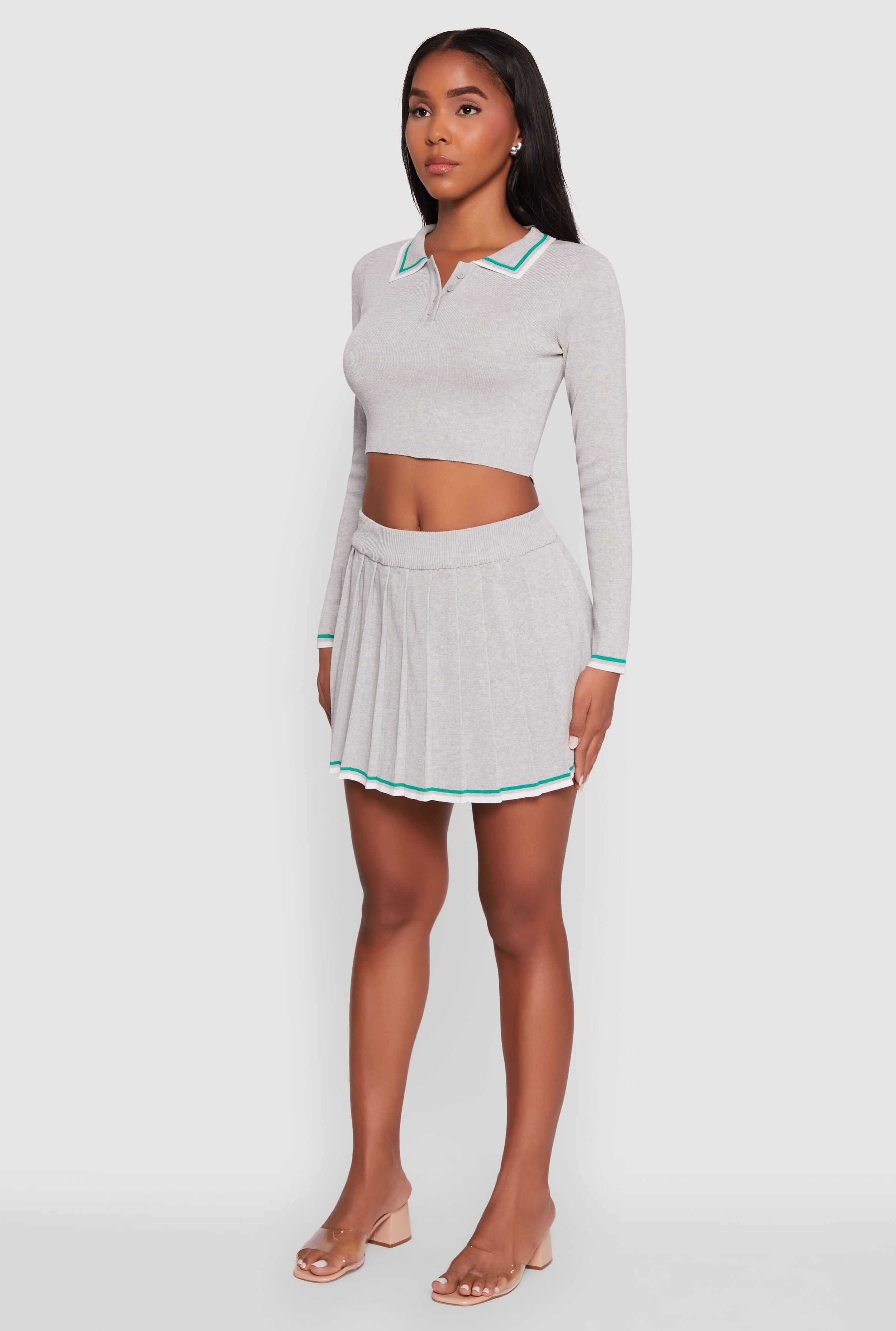 Daisy Contrast Trim Cropped Long Sleeve Polo Shirt