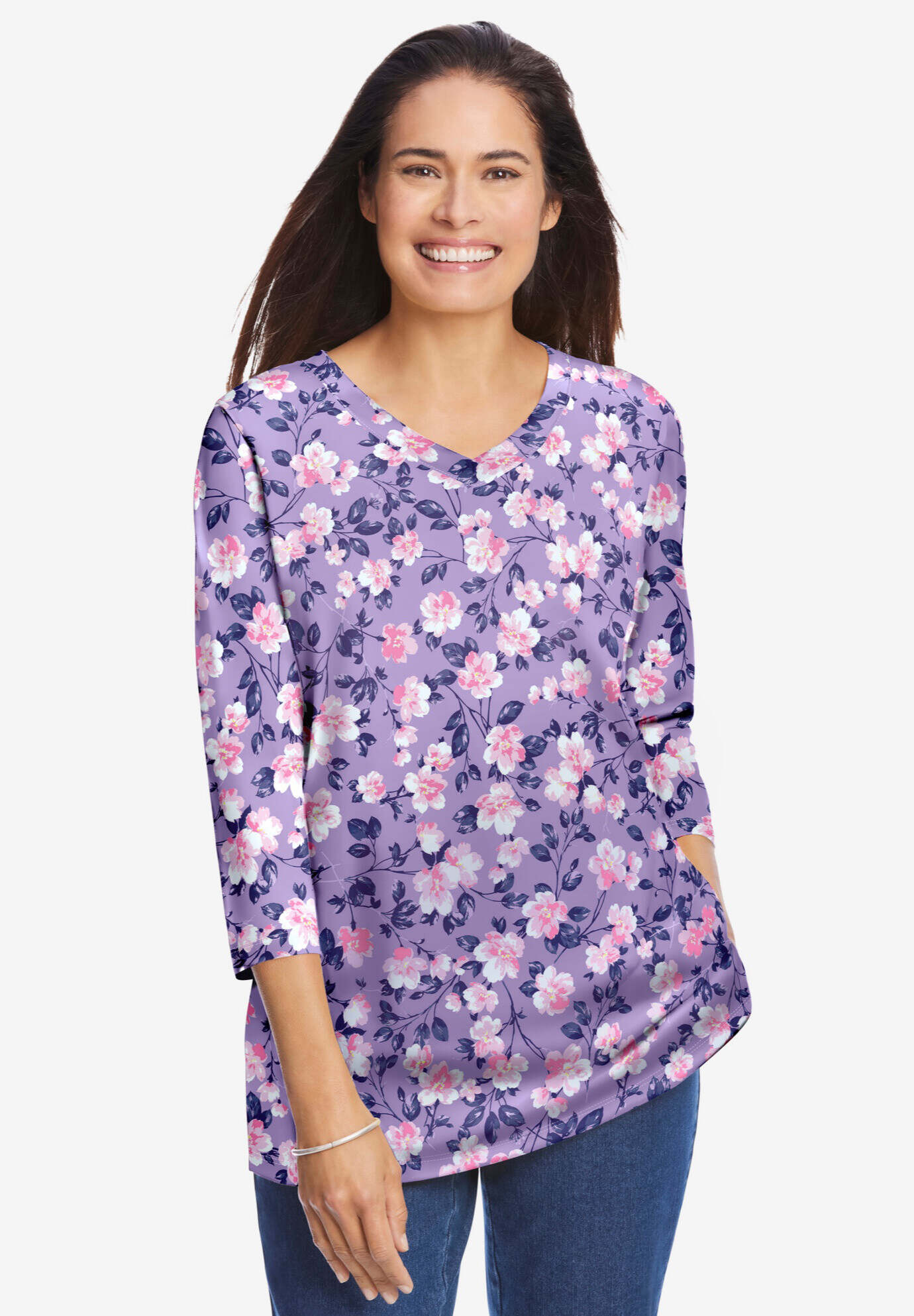 Perfect Printed Three-Quarter Sleeve V-Neck Tee