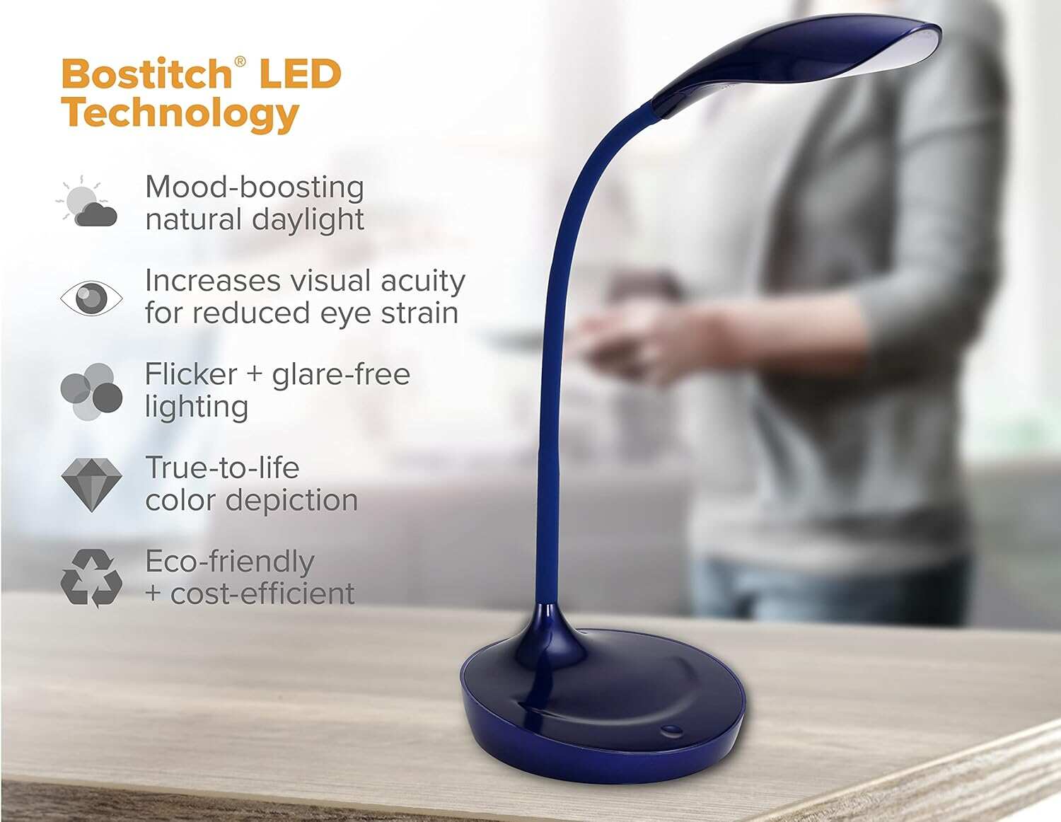 Bostitch Office LED Gooseneck Desk Lamp with USB Charging Port, 3 Dimming Levels, Touch Control, Blue (VLED1502-BLUE)