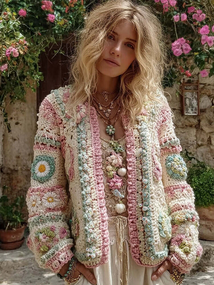 Women's Boho Colorblock Granny Check Chunky Knit Cardigan Sweater