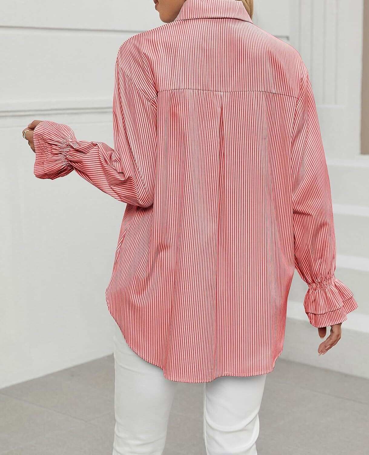 Women's Striped Button Down Shirts Smocked Cuffed Boyfriend Shirt Long Sleeve Blouse Top with 3 Pockets