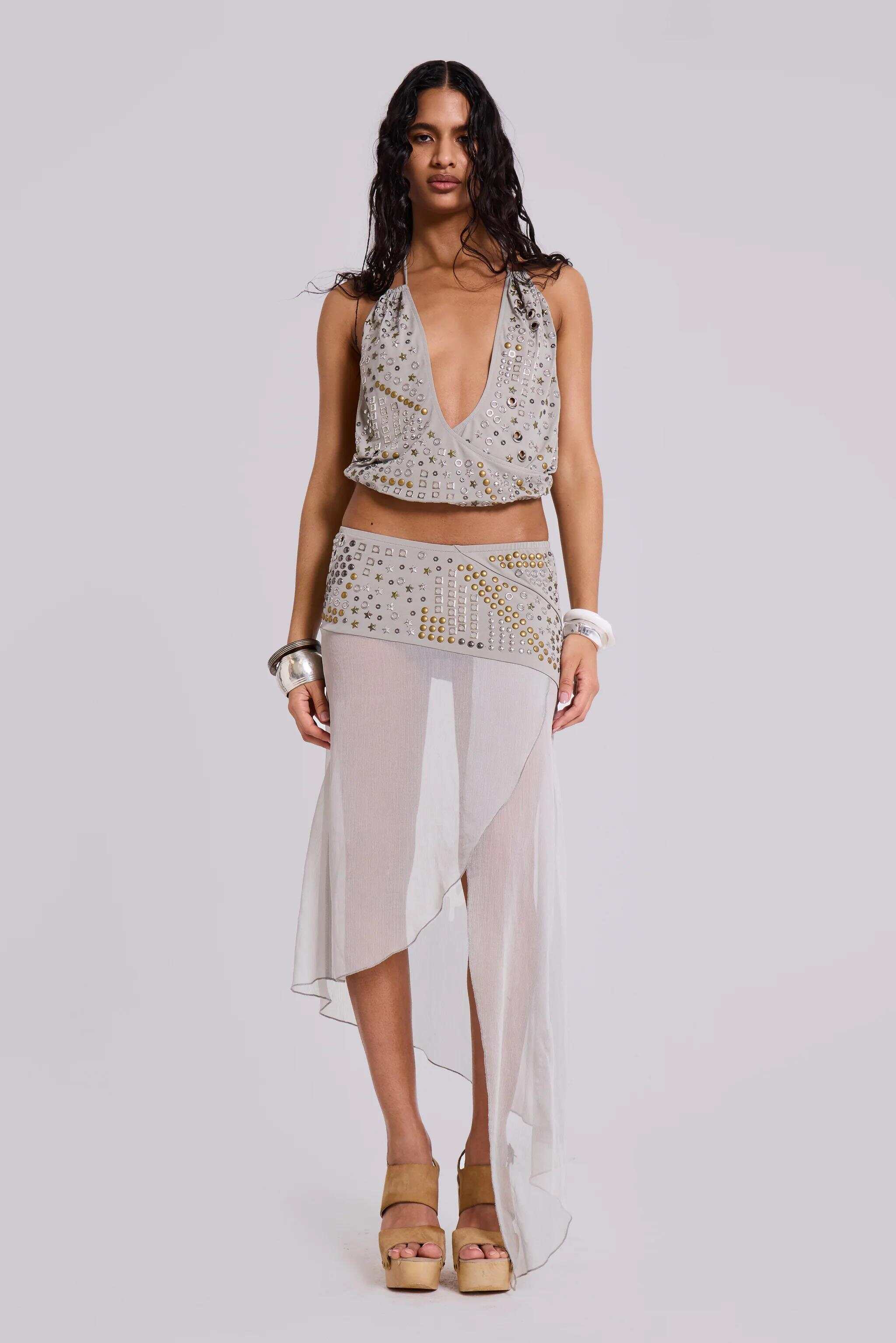 Xtal Studded Chiffon Midi Skirt