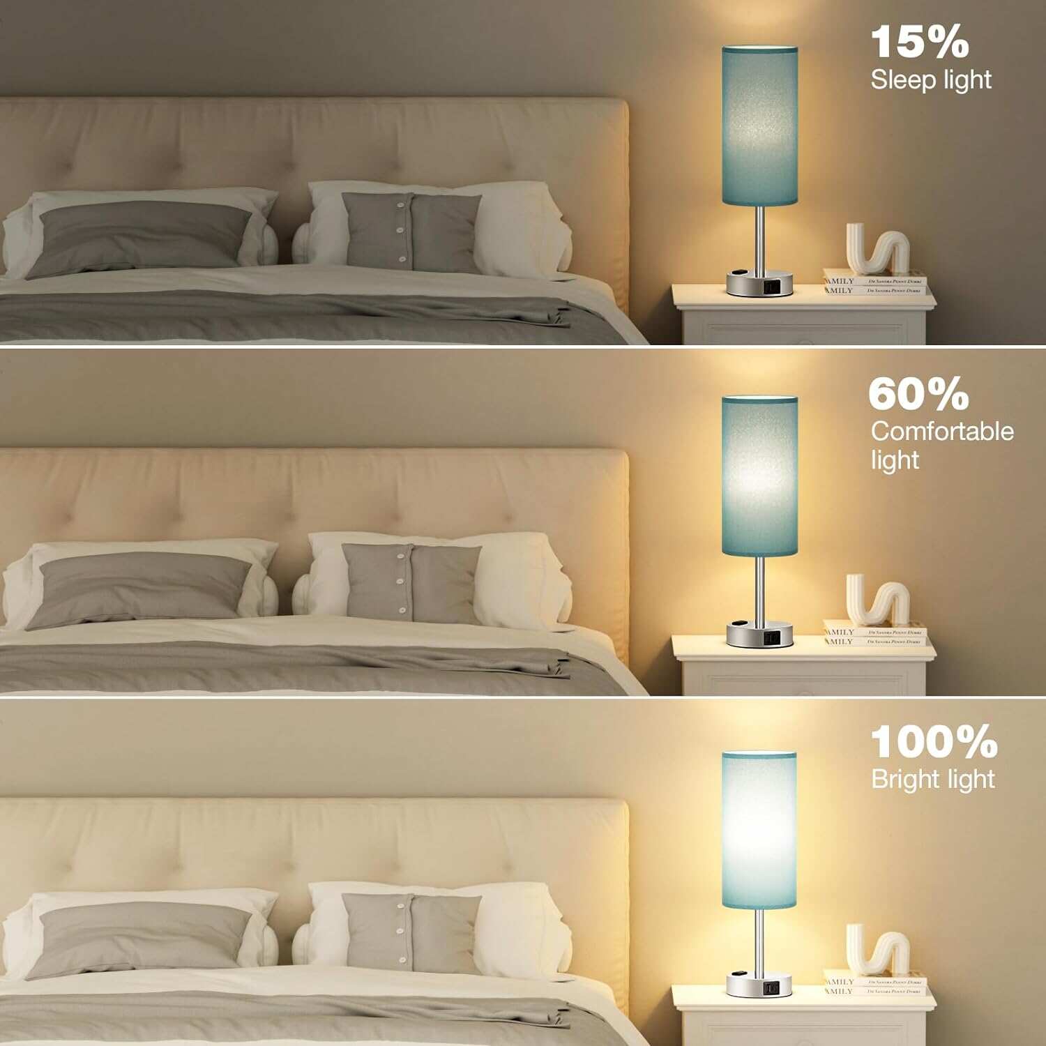 Bedside Table Lamp for Bedroom - 3 Way Dimmable Touch Lamp USB C Charging Ports and AC Outlet, Small Lamp Wood Base Round Flaxen Fabric Shade for Living Room, Desk, LED Bulb Included
