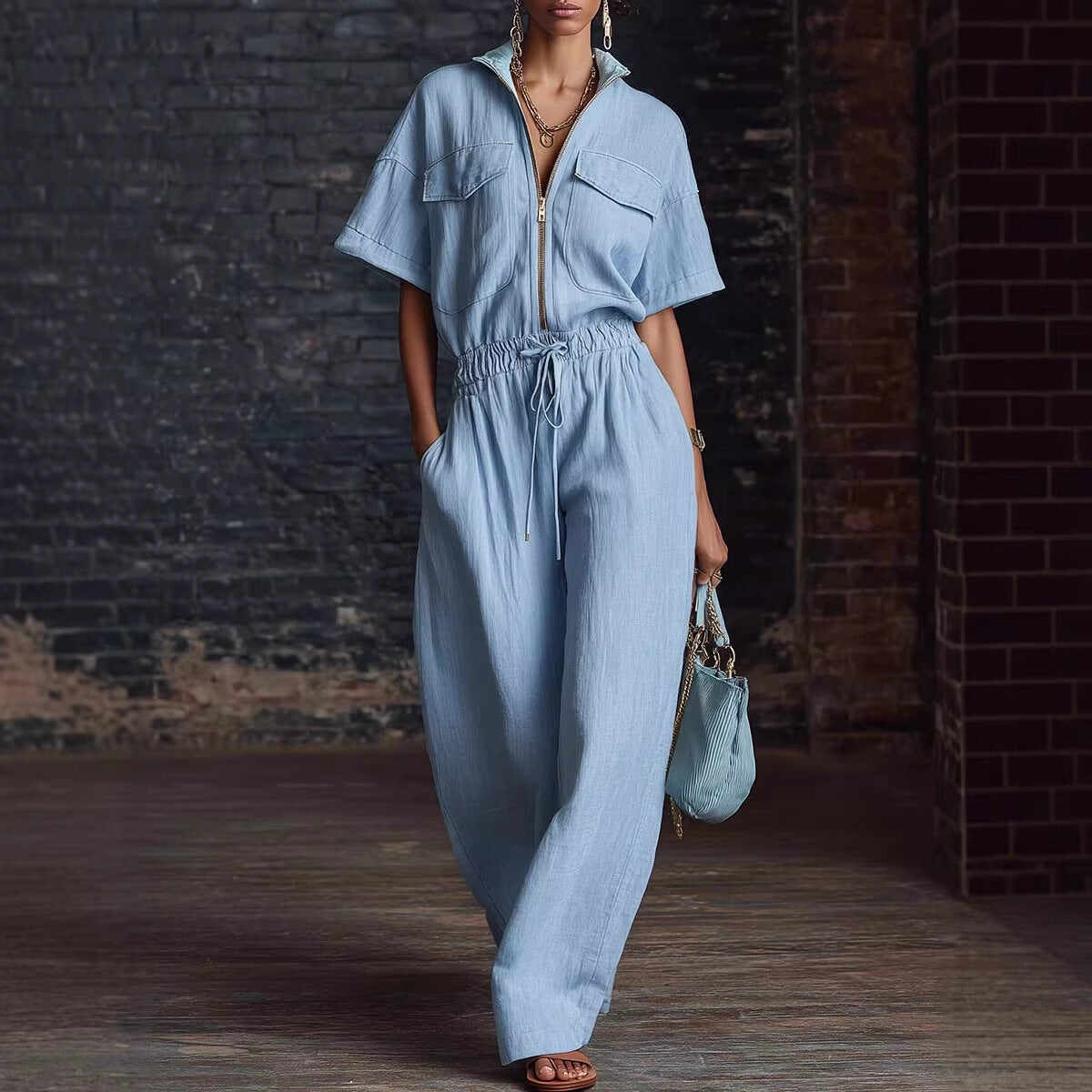 Stand Collar Sleeveless Casual Loose Cotton And Linen Jumpsuit