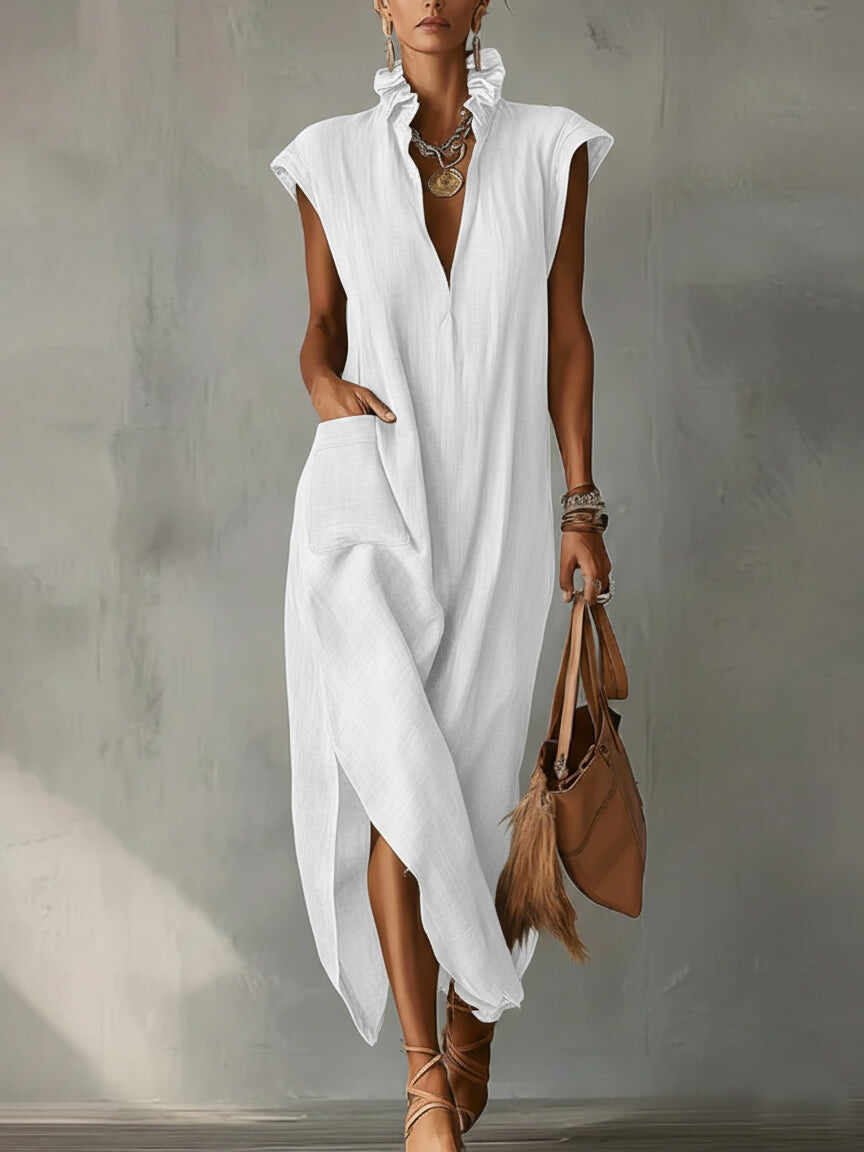 🔥Summer Arrivals🌟Women’s Ruffle Collar Cotton Linen Midi Dress – Elegant Summer Dress