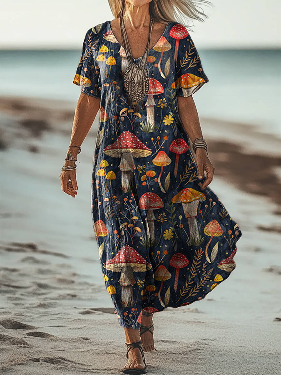 Women's Mushroom Art Patterns Print Short Sleeve Pocket Cotton Linen Dress