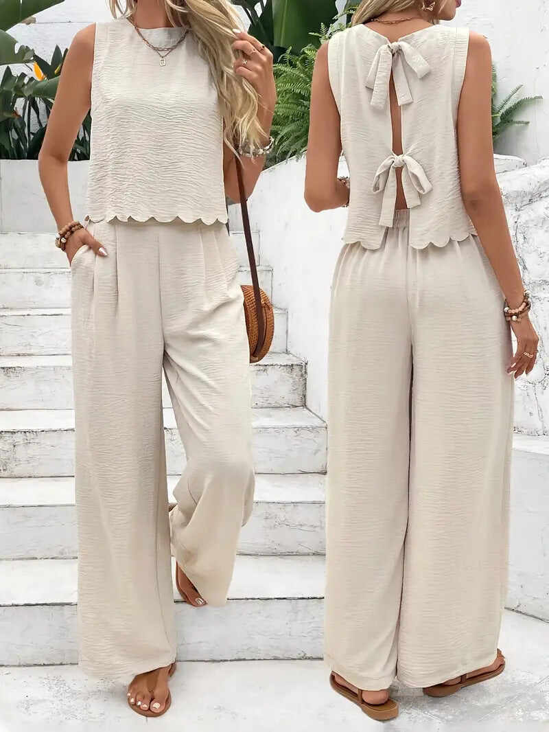 🔥Summer Arrivals🌟Women's Casual Round Neck Lace-up Top And Wide-leg Pants Set