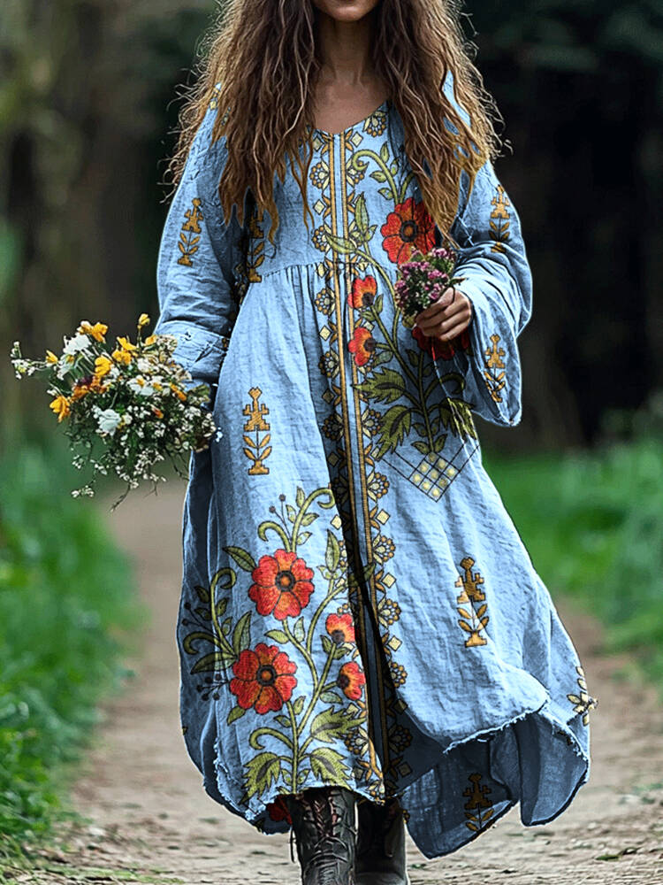 Vintage Ethnic Floral Linen Long Sleeve Dress