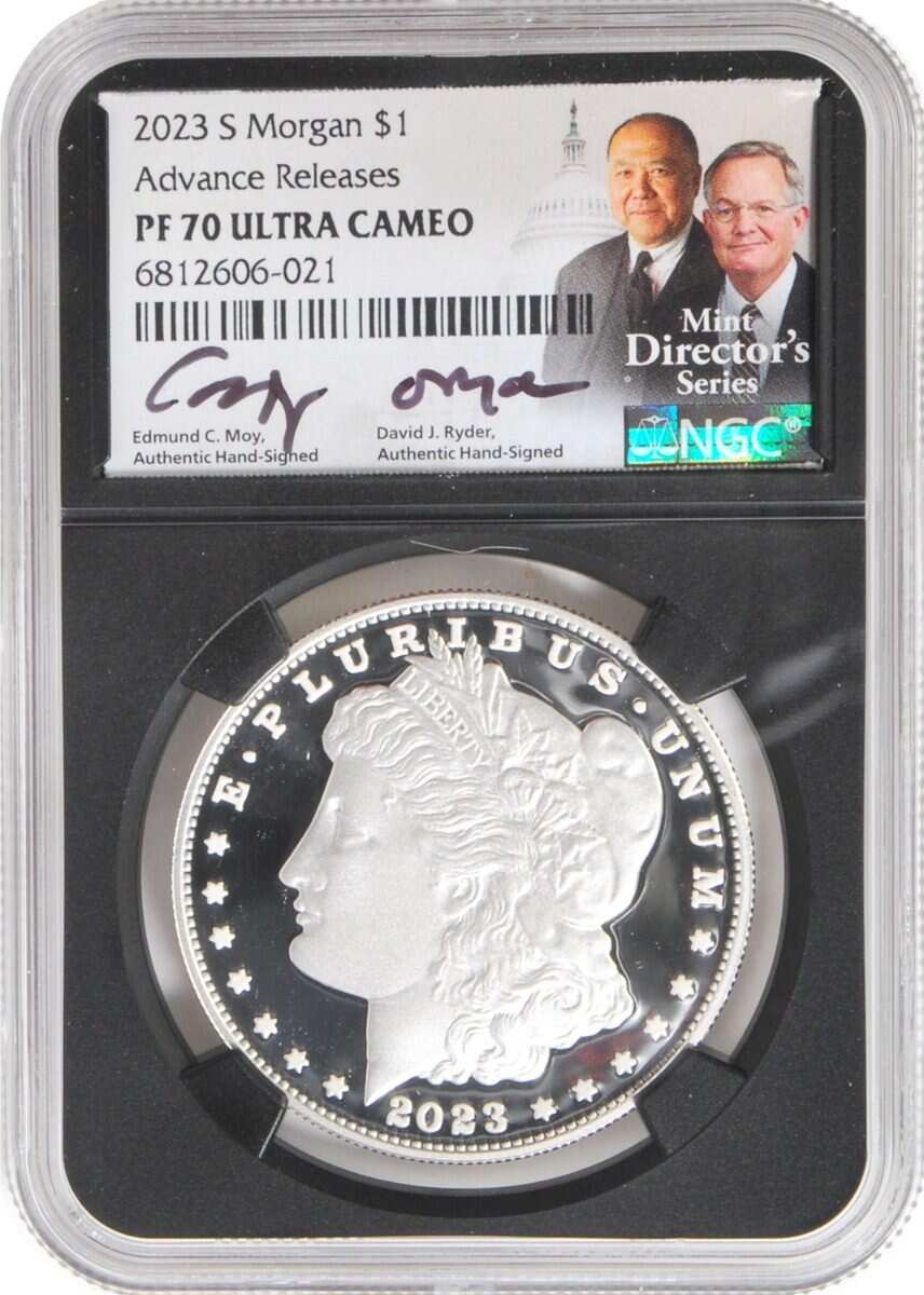 2023 6 PC Morgan and Peace Silver Dollars NGC MS70/PF70/ Reverse PF70 Advance Releases signed by Edmund C. Moy & David Ryder U.S. Mint Directors
