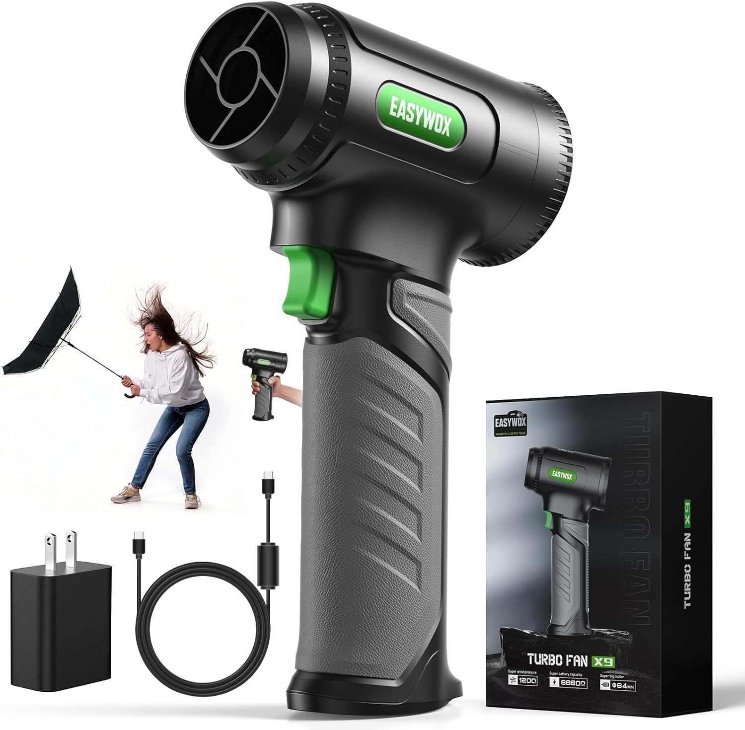 Handheld Cordless Turbo car Dryer，756w 1200g Turbo air Blower for Drying Cars, Electric Leaf Blower for Patio/Lawn/Garage/Snow, 8×3000mah Battery w/USB-c Fast Charging, Lightweight & Portable