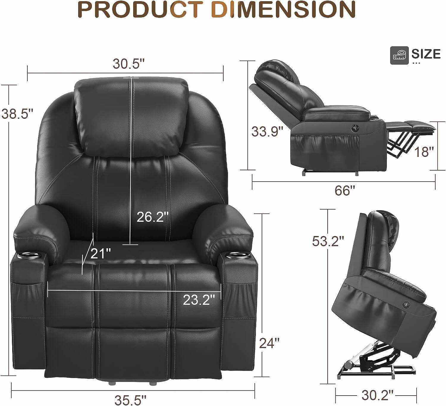 YONISEE Lar2ge Lift Chairs Recliner for Elderly - Power Fabric Lift Chair Modern with Massage and Heat, Extended Footrest, 3 Positions, 2 Side Pockets, and Cup Holders, USB Ports, Coffee Color