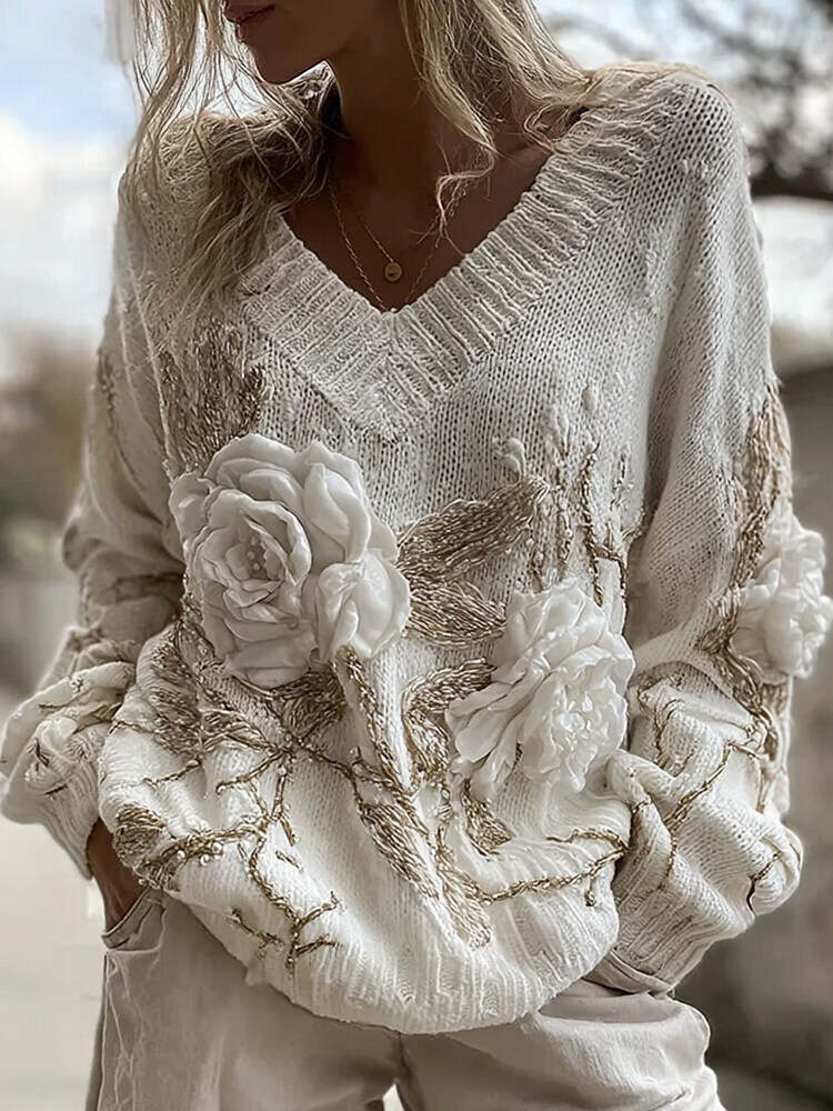 Women's Vintage White Rose Chunky Knit V-neck Sweater