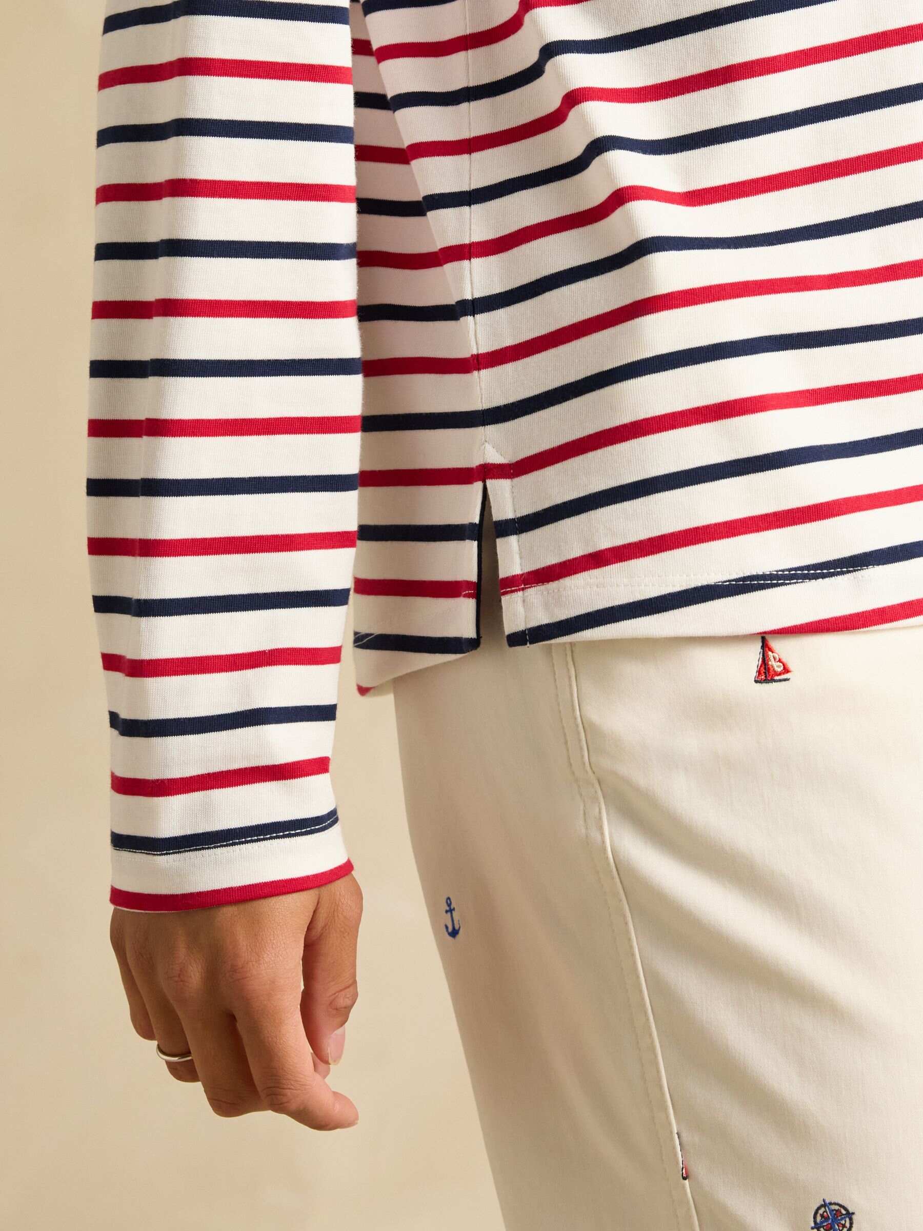 Tallie Navy & Red Stripe Long Sleeve Combed Cotton Collared Top