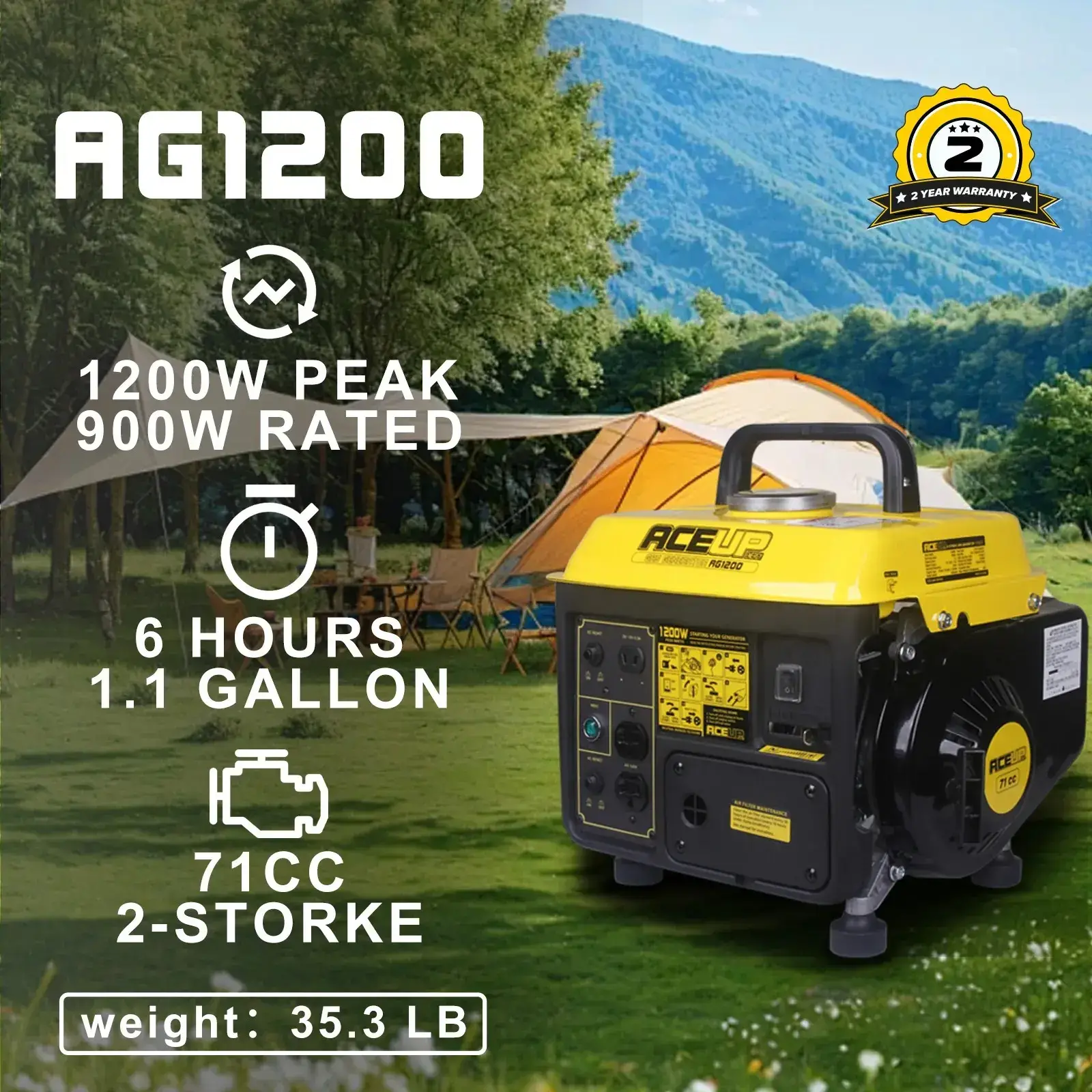 1200W 2-Stroke Portable Gas Generator | Small Generator Camping Ultralight, EPA & CARB Compliant-AG1200