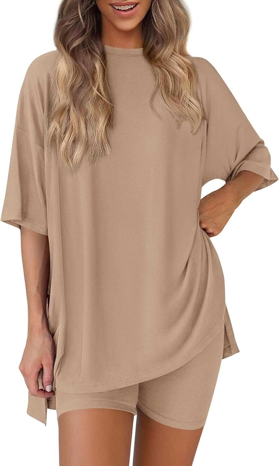 🔥Flash sale🔥Women's Two Piece Lounge Set 2026 Summer Casual Oversized Shirts  Biker Shorts Matching Airport Travel Outfit